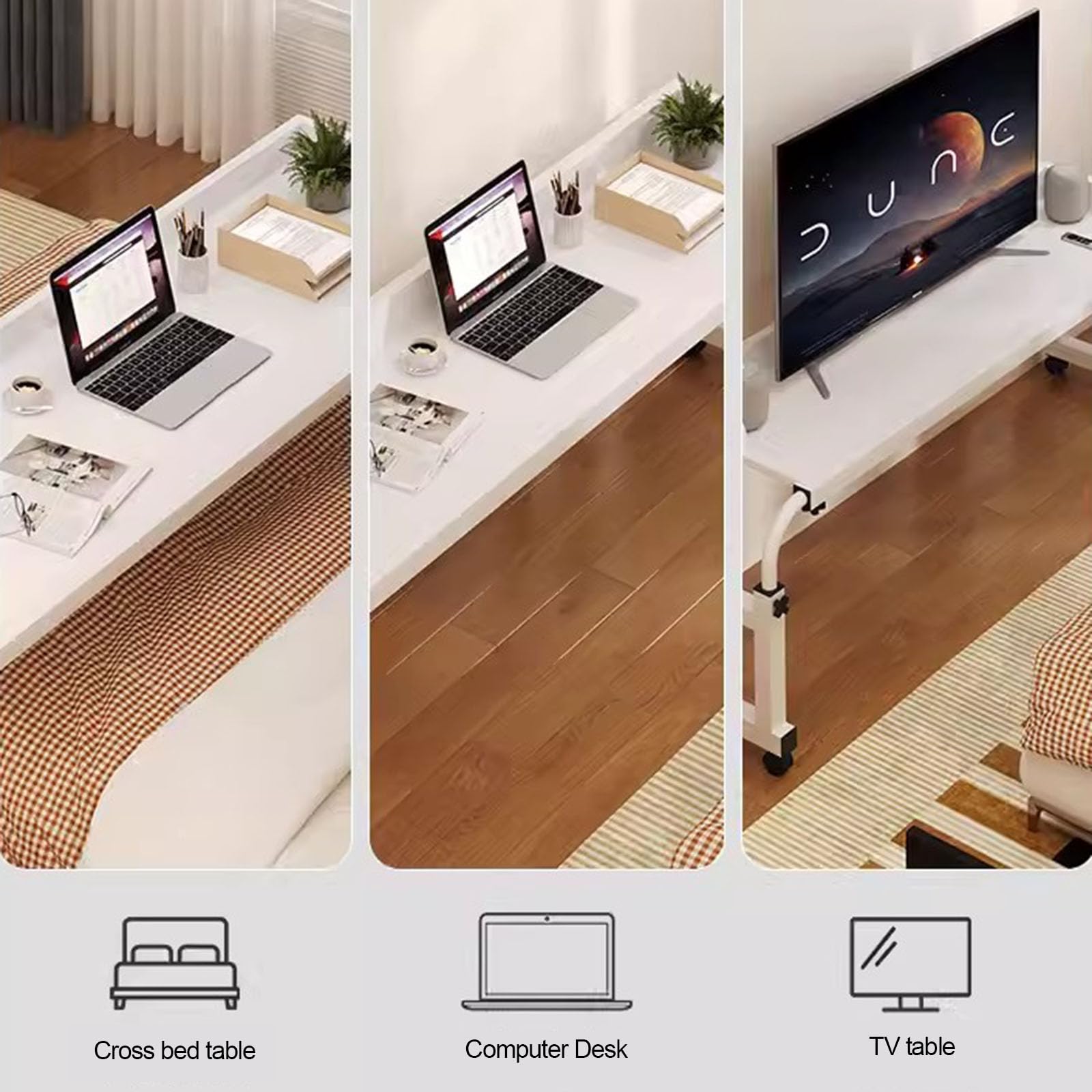 Tavolino Servitore Regolabile，Tavolino Mobile da Tavolo da Computer A Croce Tavolino da Letto E Divano Ruote con Lunghezza 115-210cm E Altezza 65-95cm Regolabili(Color:White)