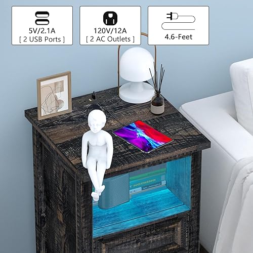 Miniatura 5 de Wodeer Mesita de noche LED con estación de carga, mesa auxiliar de granja con 2 cajones de almacenamiento y puertos USB y tomas, mesita de noche