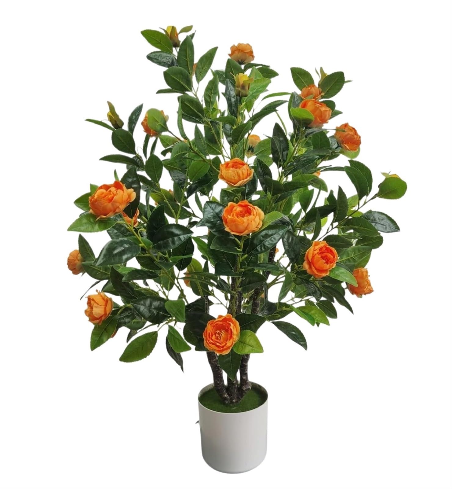 Camélia artificiel orange et vert pour décoration de maison