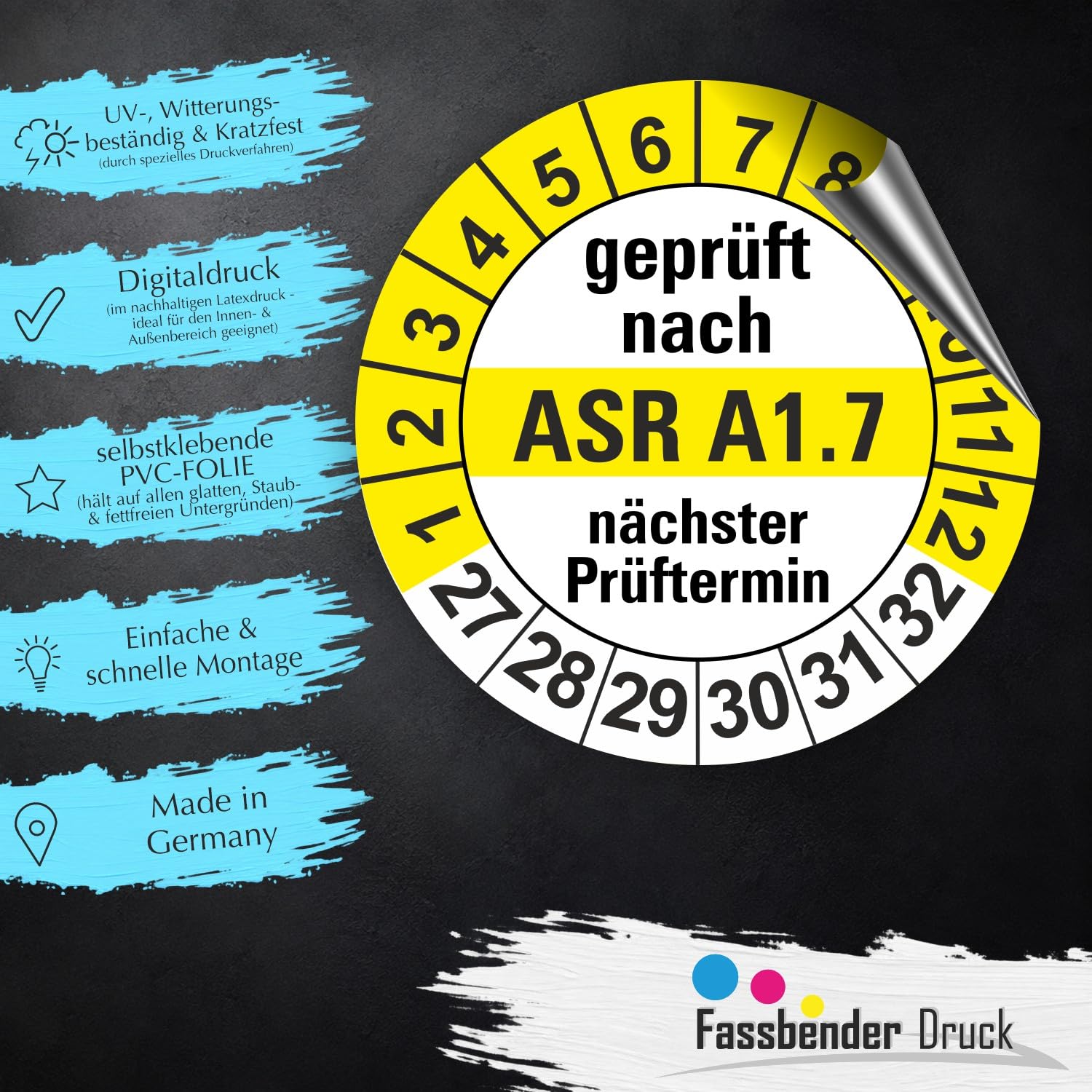 Hochwertige Prüfetiketten ASR A1.7 Prüfung Ø 20mm - Selbstklebende PVC-Folie - Wartungsetiketten für Prüfung - Prüfplakette für Prüfungsnachweis (1000 Stück)
