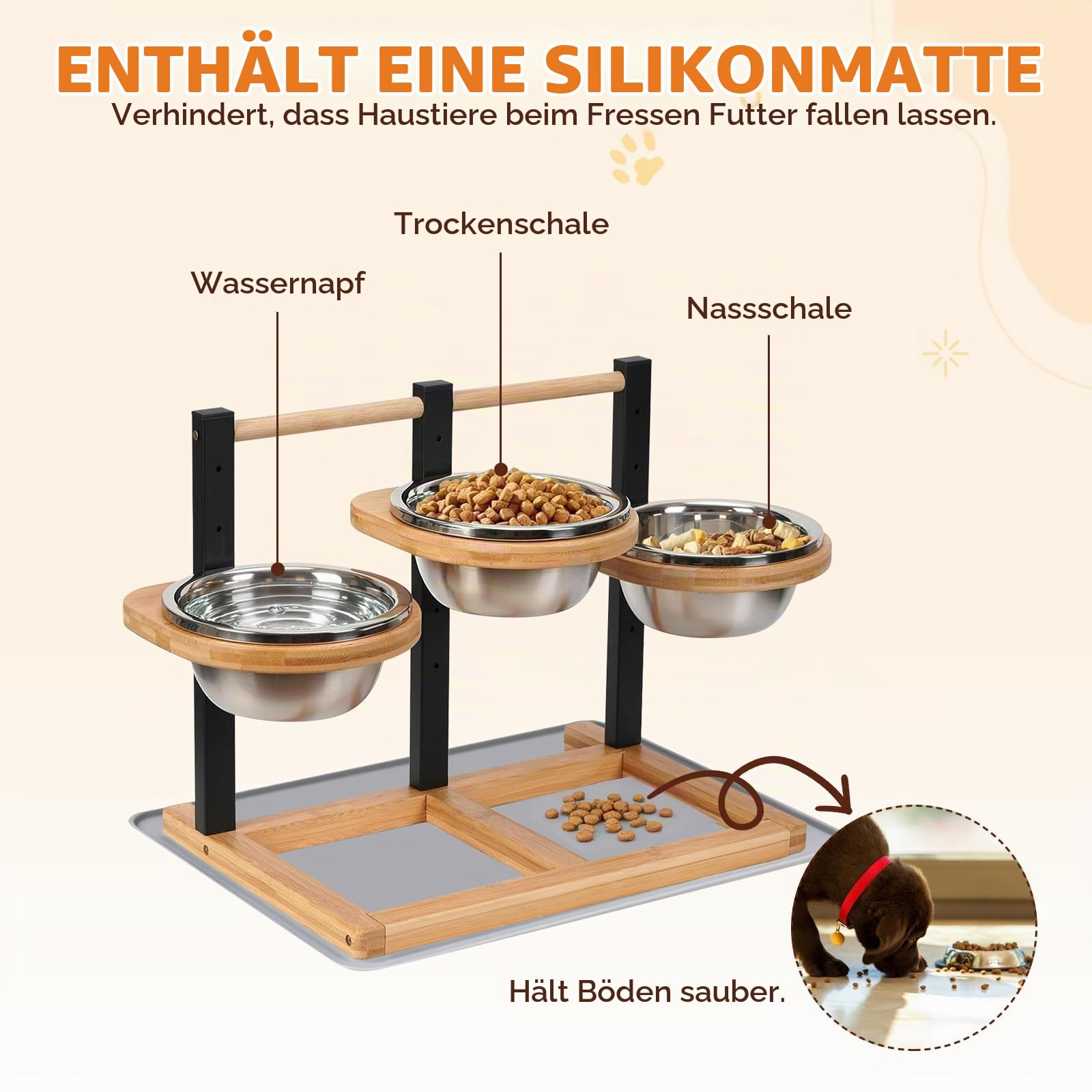 Hundenapf Erhöht, 5 Höhenverstellbar Hundenapf mit 3x1400ml Edelstahlnäpfen | Erhöhter Futternapf für Hunde, Holz Erhöhte Hundenäpfe Hundenapfständer Futternapf Futterstation mittel große