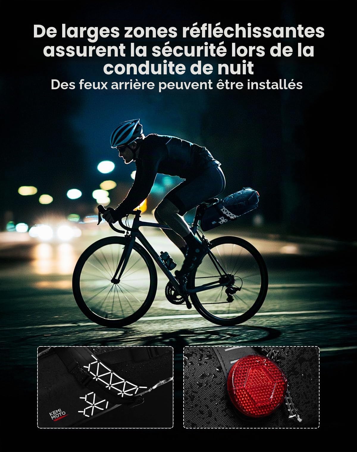 KEMIMOTO Sacoche de Selle Vélo Etanche, 11L Sac de Selle Velo avec Réfléchissant, Sacoche de Arrière Vélo pour Velo de Course, Électrique et VTT