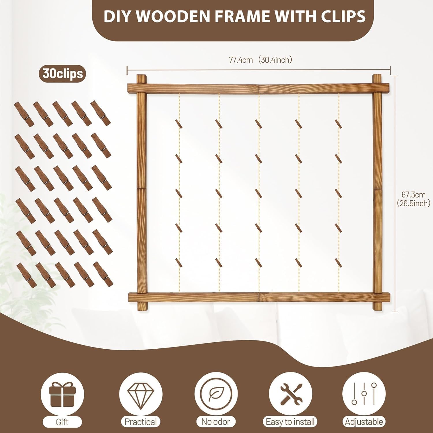 Holz-Bilderrahmen für Mehrere Bilder, Collage-Bilderrahmen für die Wand Mit Clips, Hängende Fototafel für die Heimdekoration, 2er-Set(Karbonisiertes Schwarz)