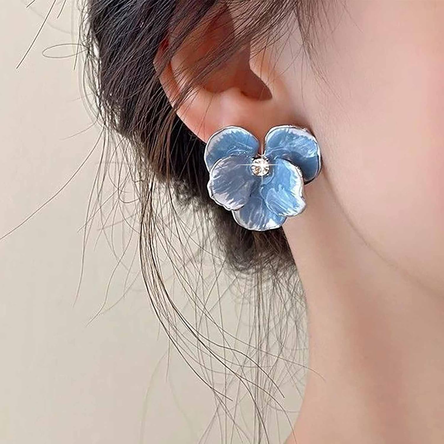 Boho Enamel Flower Earrings Blue Floral Stud Earrings Flower Petal Earrings Crystal Floral Earrings Bridal Blossom Earrings Jewelry for Women - Image 5