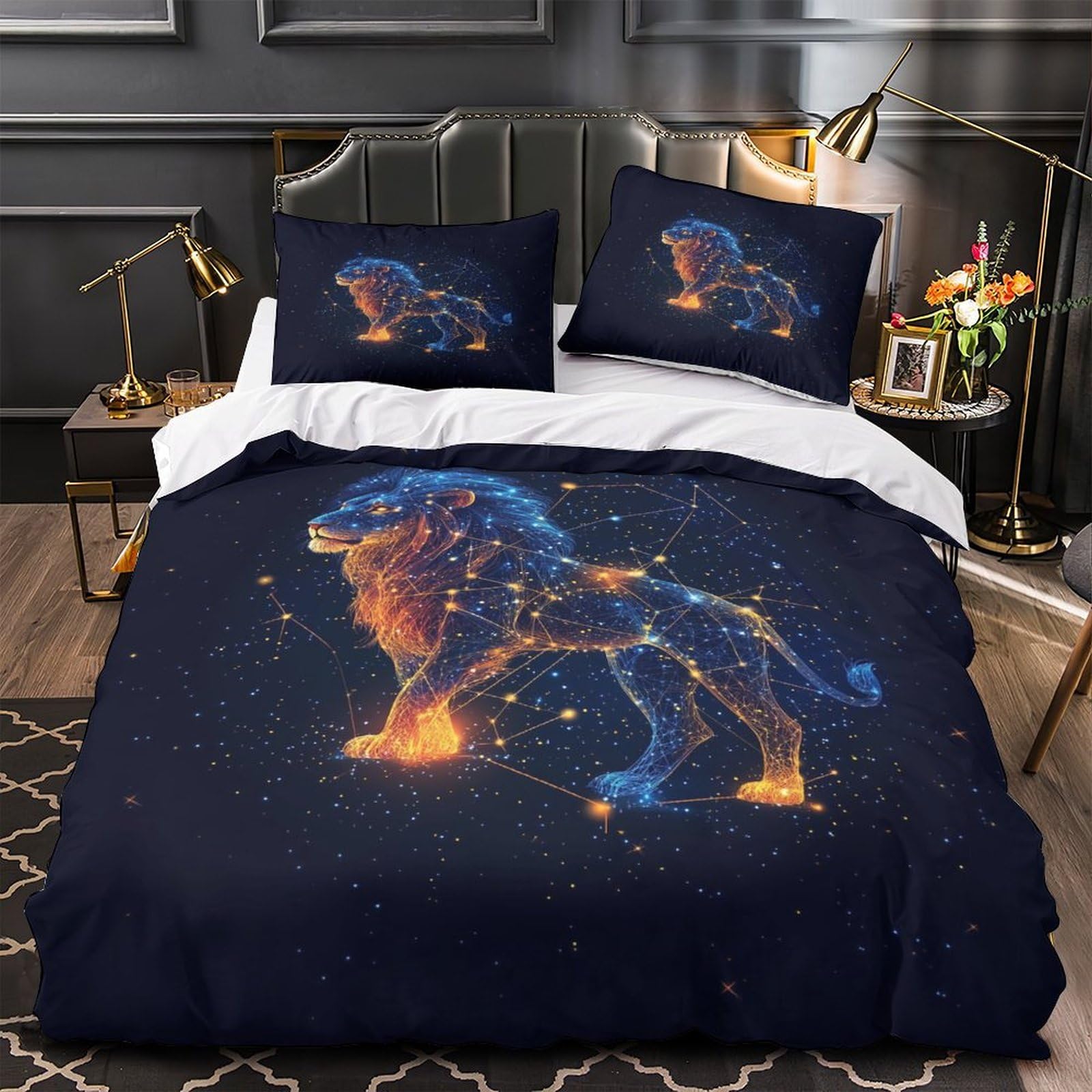 Housse de couette lion 3D lit double 200x200 parure de lit microfibre hypoallergénique ado