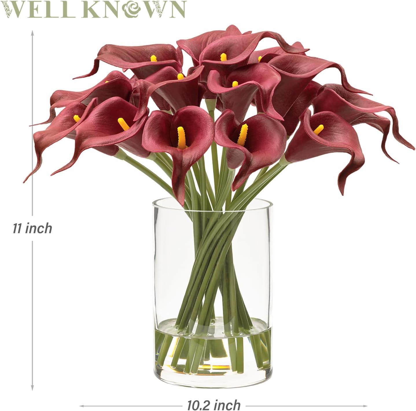 WELL KNOWN 20 Pcs Lily Flowers Artificial in Vase with Faux Water, Real Touch PU Calla Lily Fake Flower Arrangements in Vase for Home Office Hotel Party Dining Table Decor & Gifts (Burgundy Red) - Image 7
