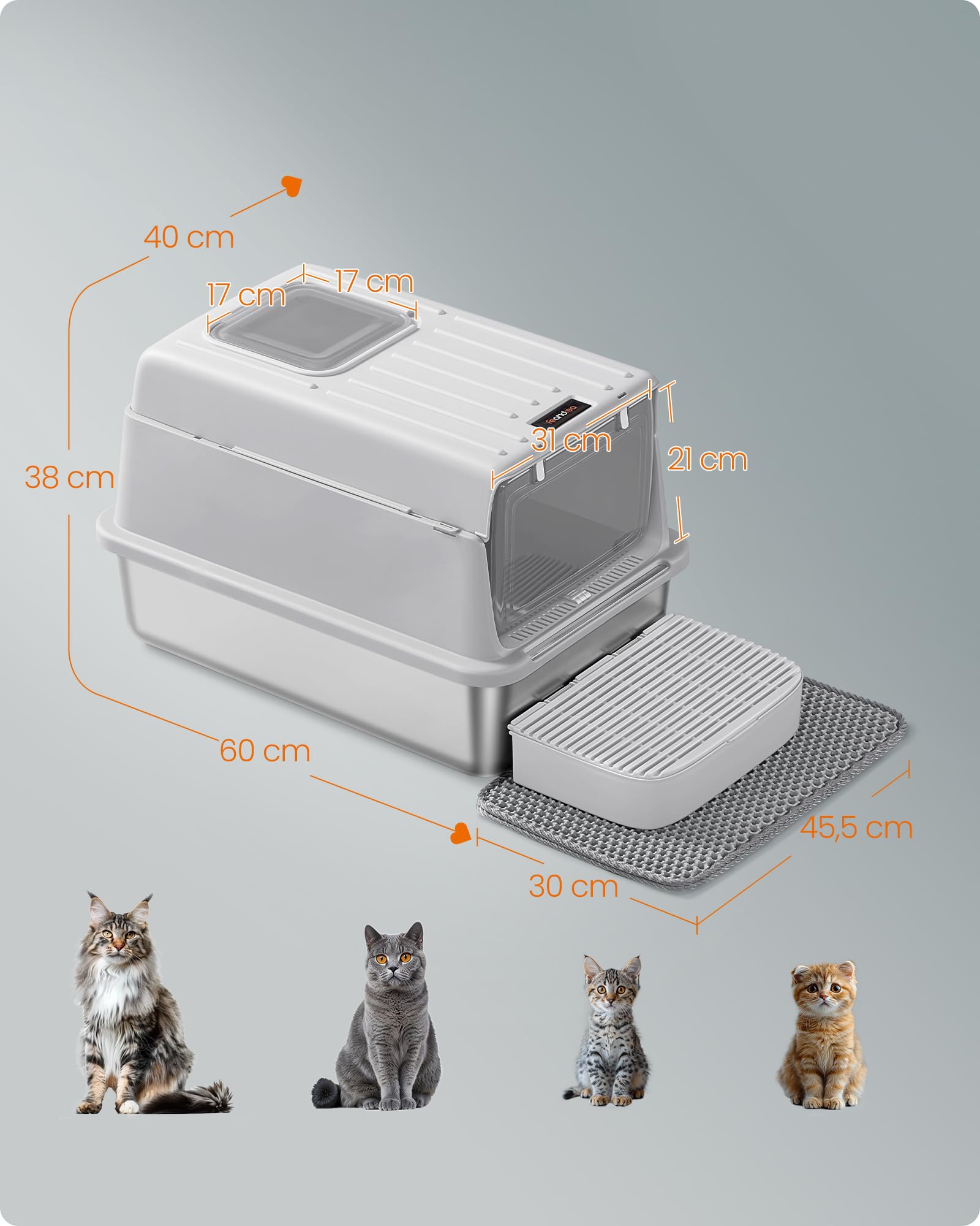Kuweta dla kota Feandrea ze stali nierdzewnej, toaleta dla kota z pokrywą, łopatką, matą na kuwetę i 2 wejściami, dla kotów do 15 kg, jasnoszara PPT007GD01