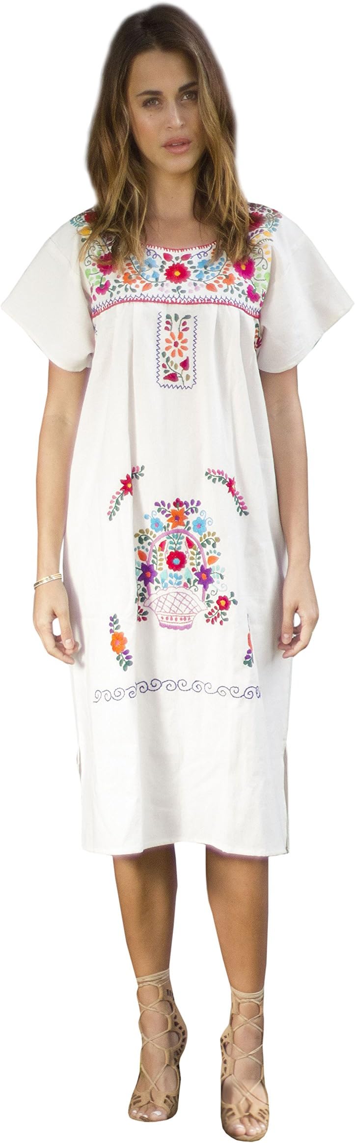 Liliana Cruz Mexican Hand Embroidered Dress Natural Cotton Muslin Beige