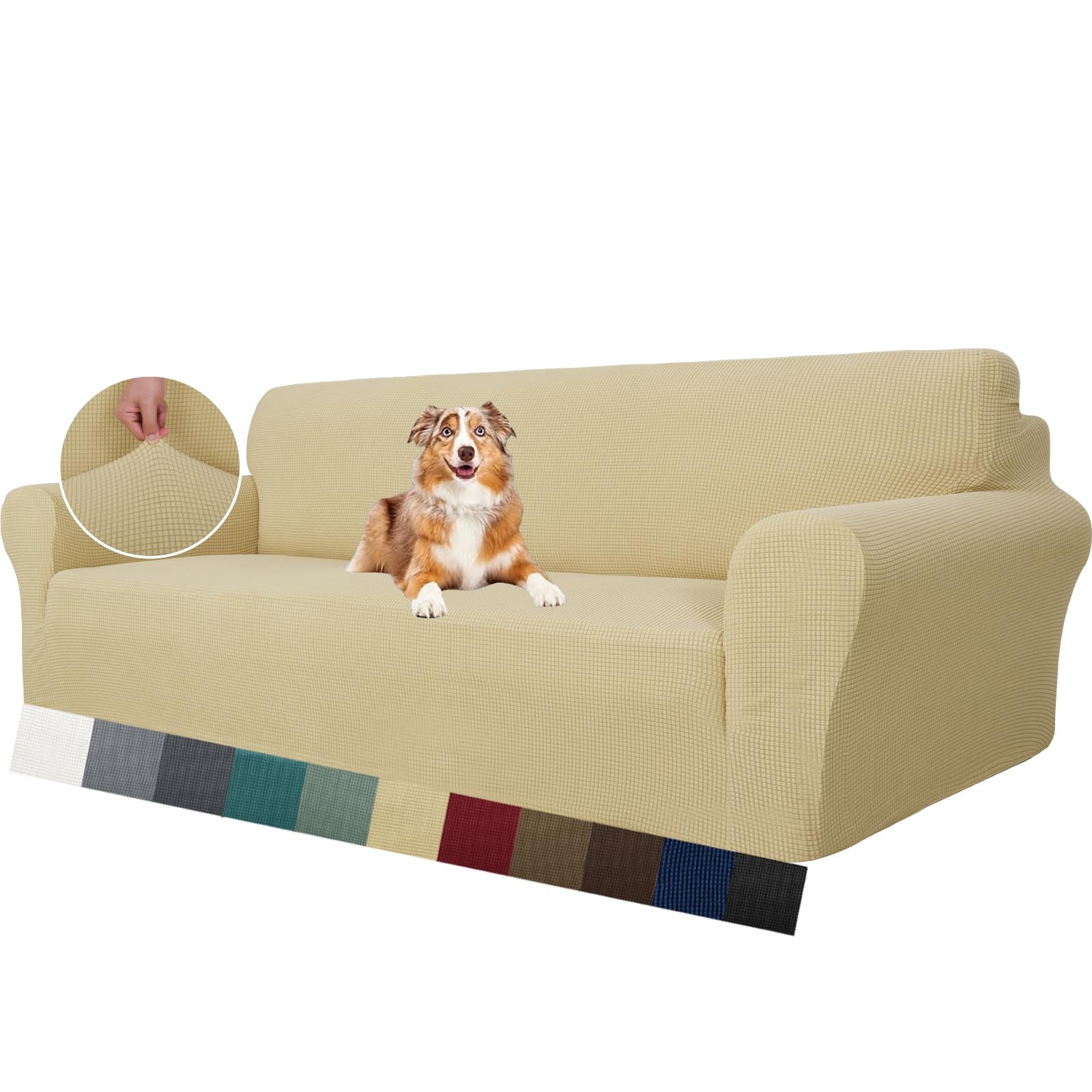 Maxijin Beige Super Stretch Couch Cover For 4 Seater Couch, Extra Large Universal Sofa Covers Jacquard Spandex Pet Dog Furniture Protector Fitted Couch Slipcover (4 Seater, )