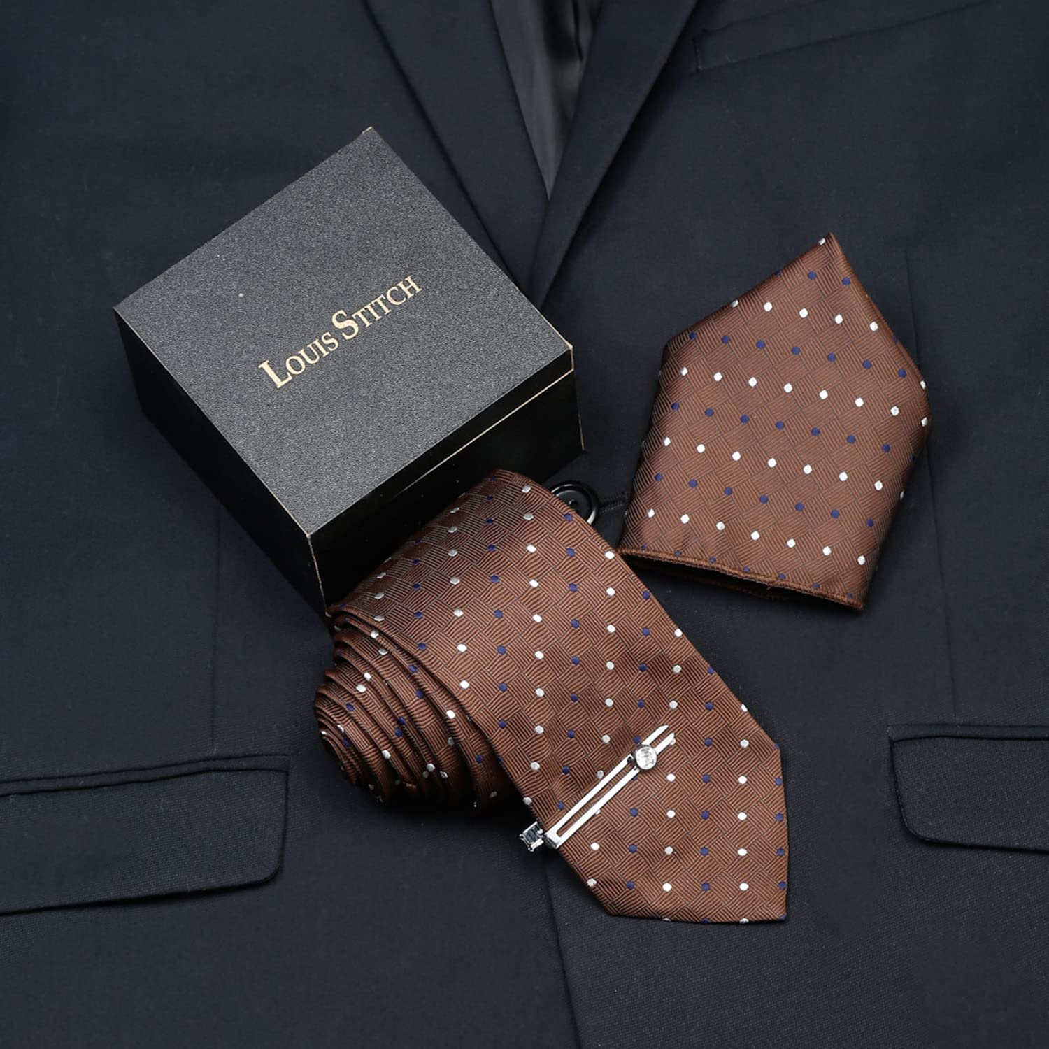 LOUIS STITCH Mens Brown Polka Italian Silk Necktie Set With Pocket Square Tie Chrome Tiepin (Suit Accessories) (Czech) 1