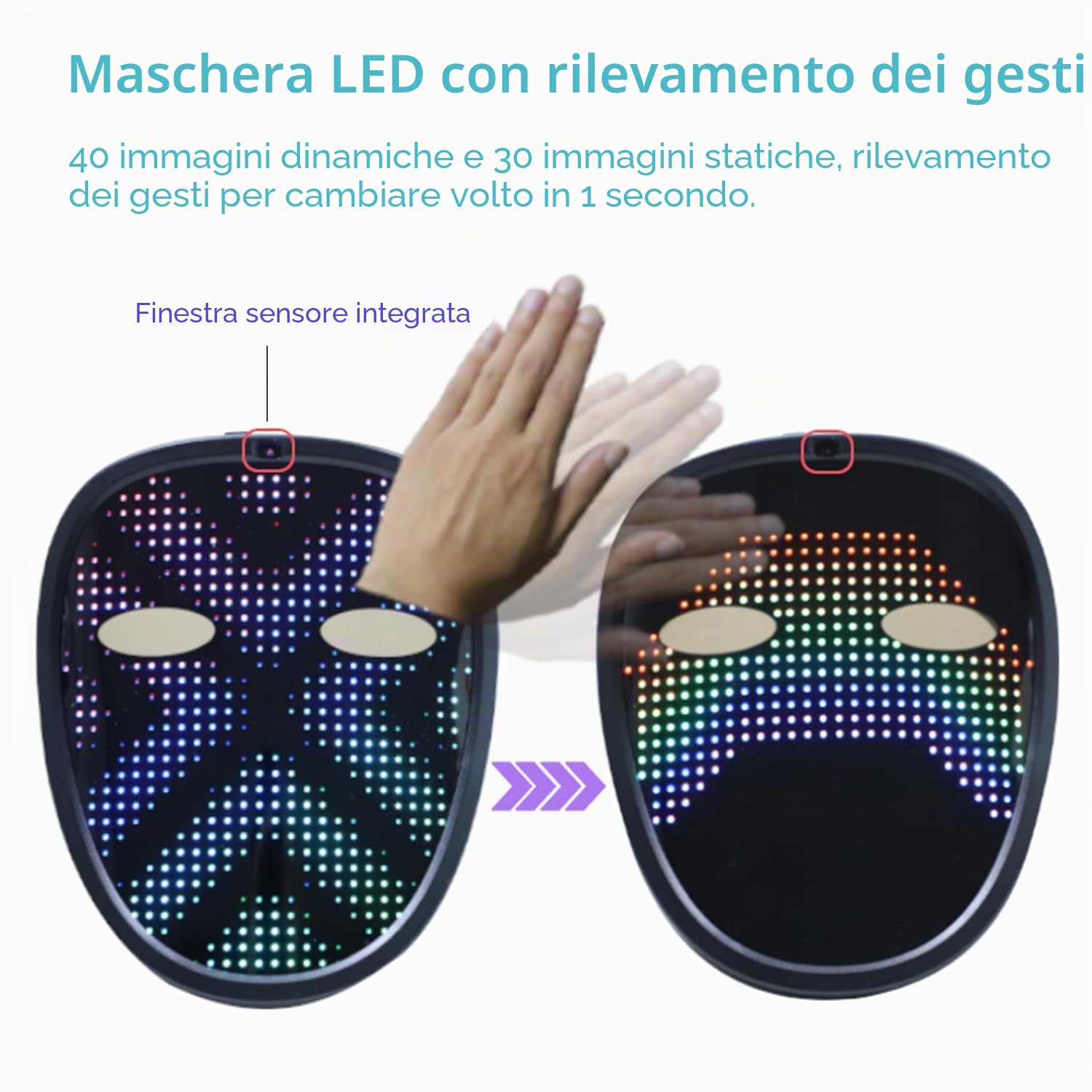 Maschera LED per bambini con rilevamento dei gesti, maschera LED di Halloween per bambini e adolescenti, maschera per il viso spaventosa che si illumina con 30 immagini statiche e 40 immagini