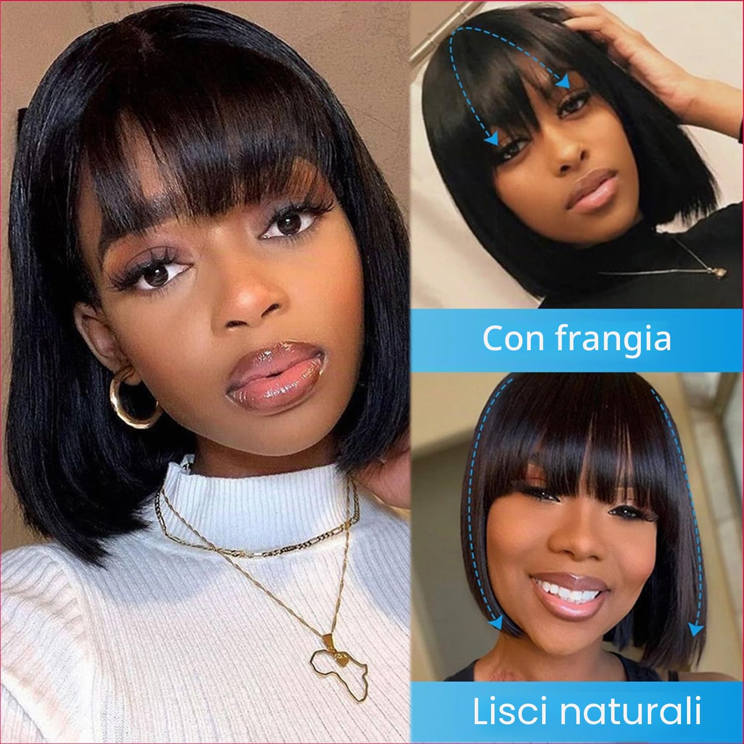 PORSMEER - Parrucca corta a caschetto in capelli umani neri con frangia per donne, realistica, corta e liscia, pronta all'uso, senza colla, capelli veri al 100%, capelli vergini brasiliani remy, per