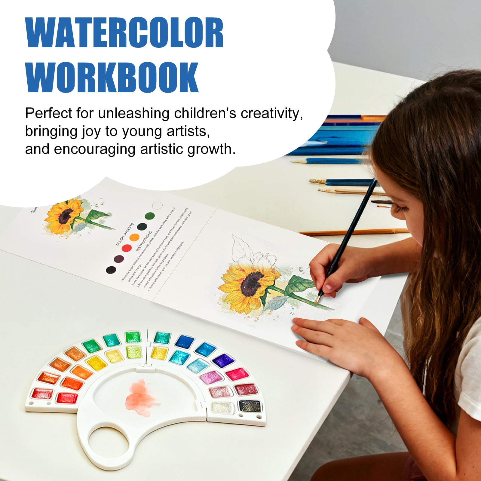 Aquarell-Arbeitsbuch, Wassermalbuch mit 13 Seiten, 300 g/m² Papier, 26 Farben, Aquarellfarben-Set mit Pinsel und Aufbewahrungstasche, Anfängerfreundliches Malbuch für Erwachsene