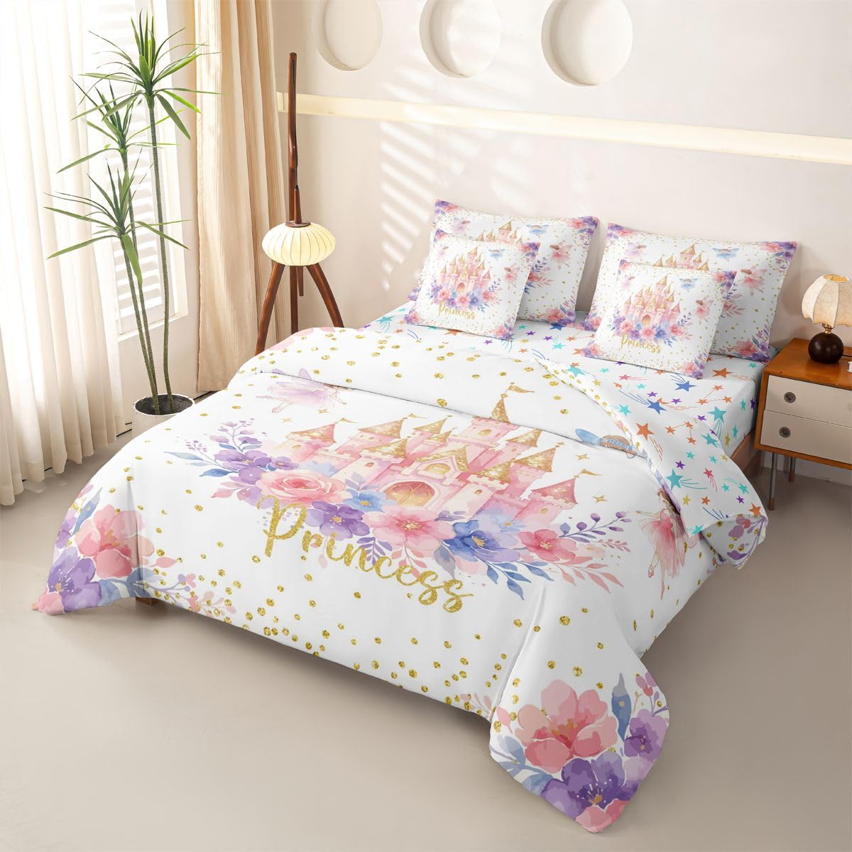 Loussiesd Juego de funda de edredón de 7 piezas para cama de matrimonio con funda de edredón, sábanas, fundas de almohada, fundas de cojín, color blanco, morado y rosa