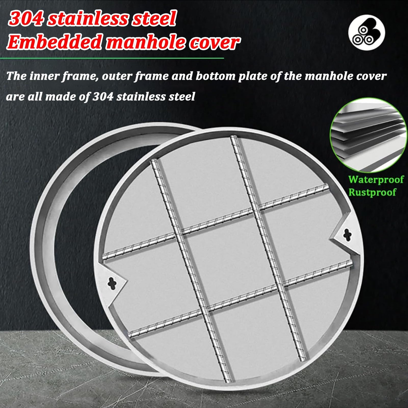 Generico Coperchio Invisibile a Incasso in Acciaio Inox per pozzetto di ispezione e Accesso alla Fossa settica – Coperchio Resistente per vialetto, Cortile, Prato, Giardino e marciapiede, Diametro 45