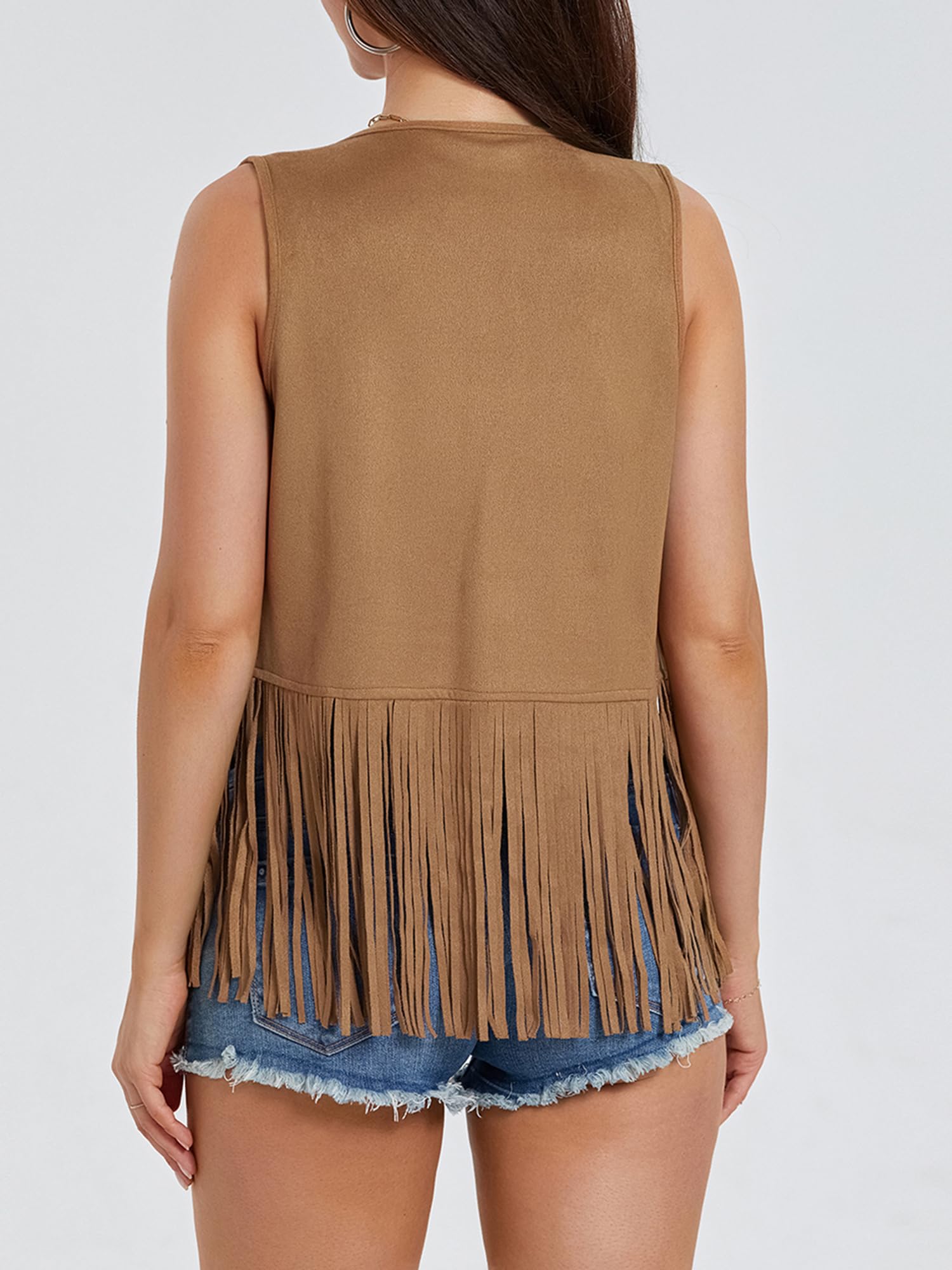 Gilet à franges pour femme - Costume hippie des années 70 - Veste western de cowgirl sans manches en daim synthétique avec pompons - Vêtement d'extérieur en cuir