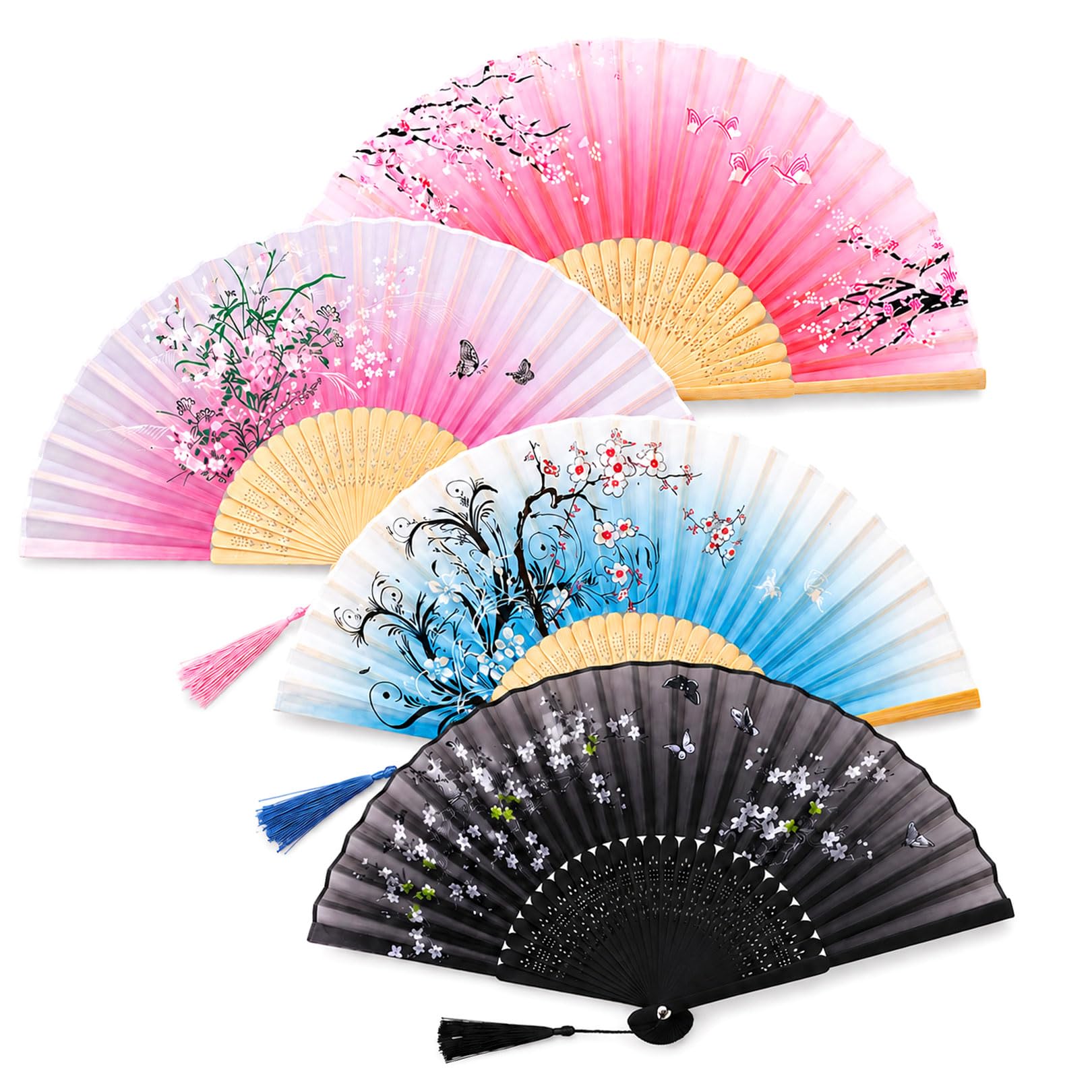 4 Pack Silk Fabric Hand Fans, Chinese Fan & Bamboo Hand Fan Folding, Carved Bamboo Handheld Fan Folding, Portable Folding Fan with Tassel, for Wedding Party Gifts Performance Dancing Home Decoration