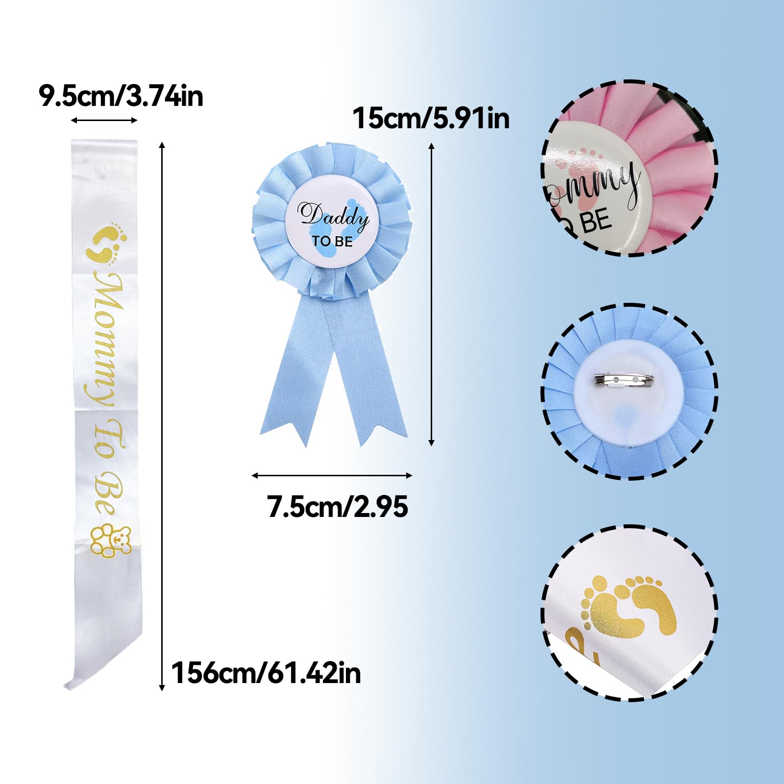 ZoeTekway 4-częściowy zestaw dekoracji na Baby Shower,Szarfy i przypinki,Satynowe szarfy dla przyszłej Mamy i Taty