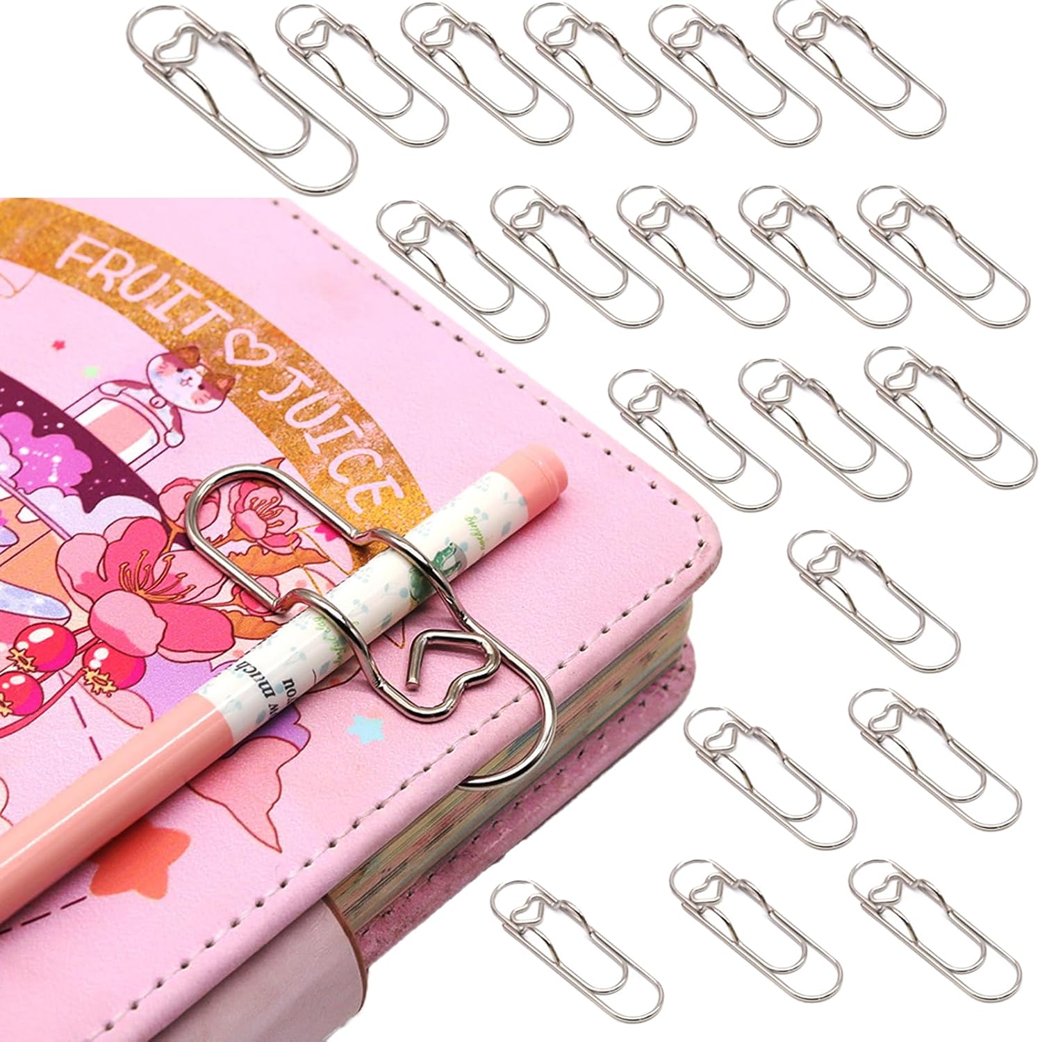 Qomamount Pen Holder for Notebook,20PCS Metal Pen Clips with Heart,Lovely Paper Clip Holder Multifunctional Cute Journal Paperclips Large Size Pencil Holder(Sliver)