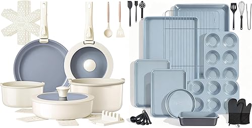 Ammeloo Cream 18-Piece Ceramic Pots and Pans Set & Black 22-Piece Baking Pans Set Stackable Bakeware