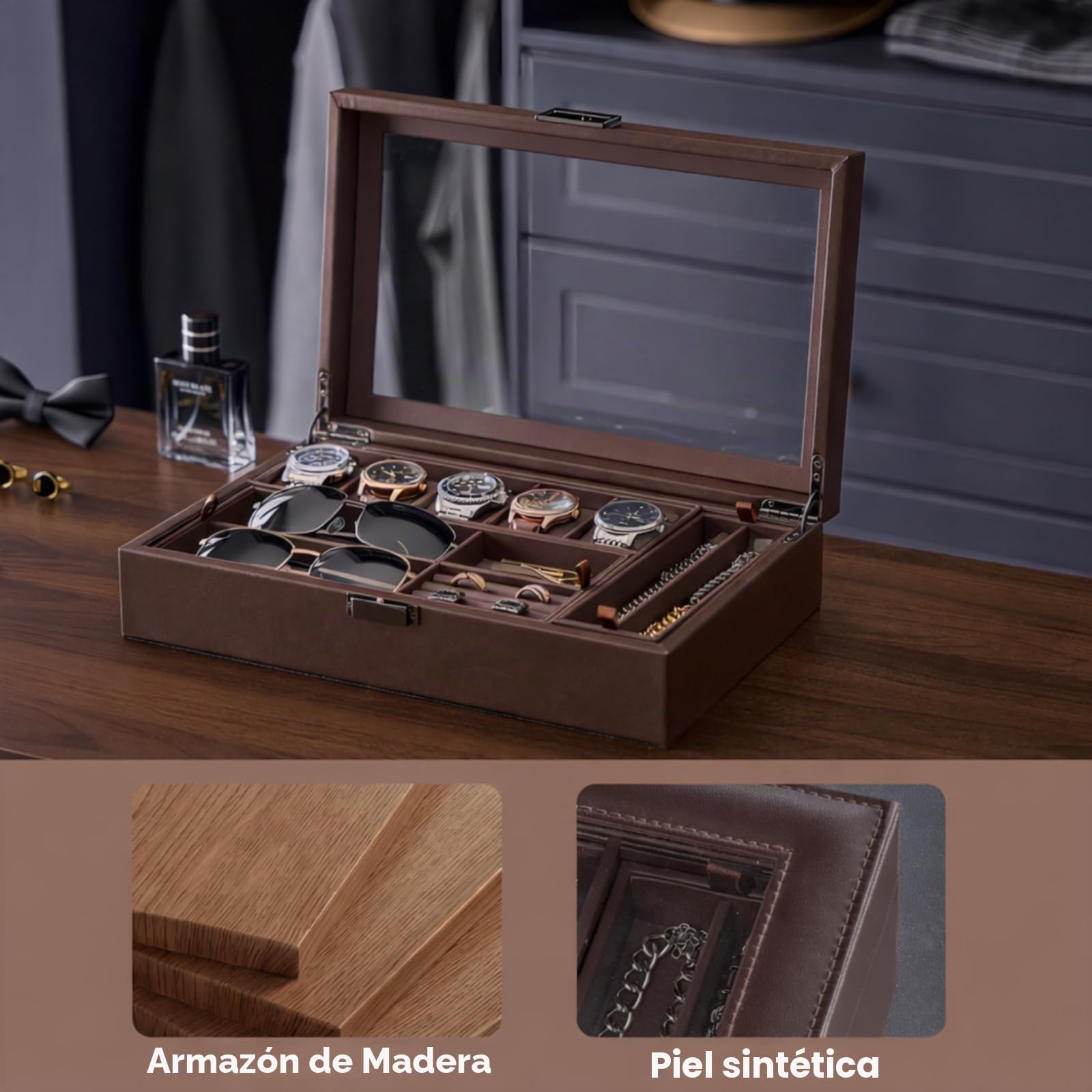 ProCase Caja Organizador para Hombre, Bandeja Valet de Cuero para Relojes, Gafas, Pulseras, Anillos, Collares, Bolígrafo y Accesorios – Regalo Elegante para Hombre, Exhibidor de Escritorio - Marrón