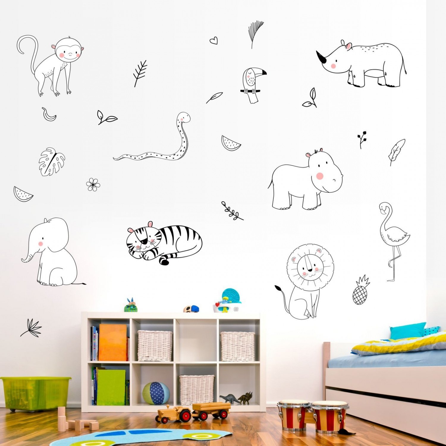 nikima 127 - Adhesivo de pared para habitación infantil, diseño de animales de la jungla, color blanco y negro, tamaño 1250 x 700 mm