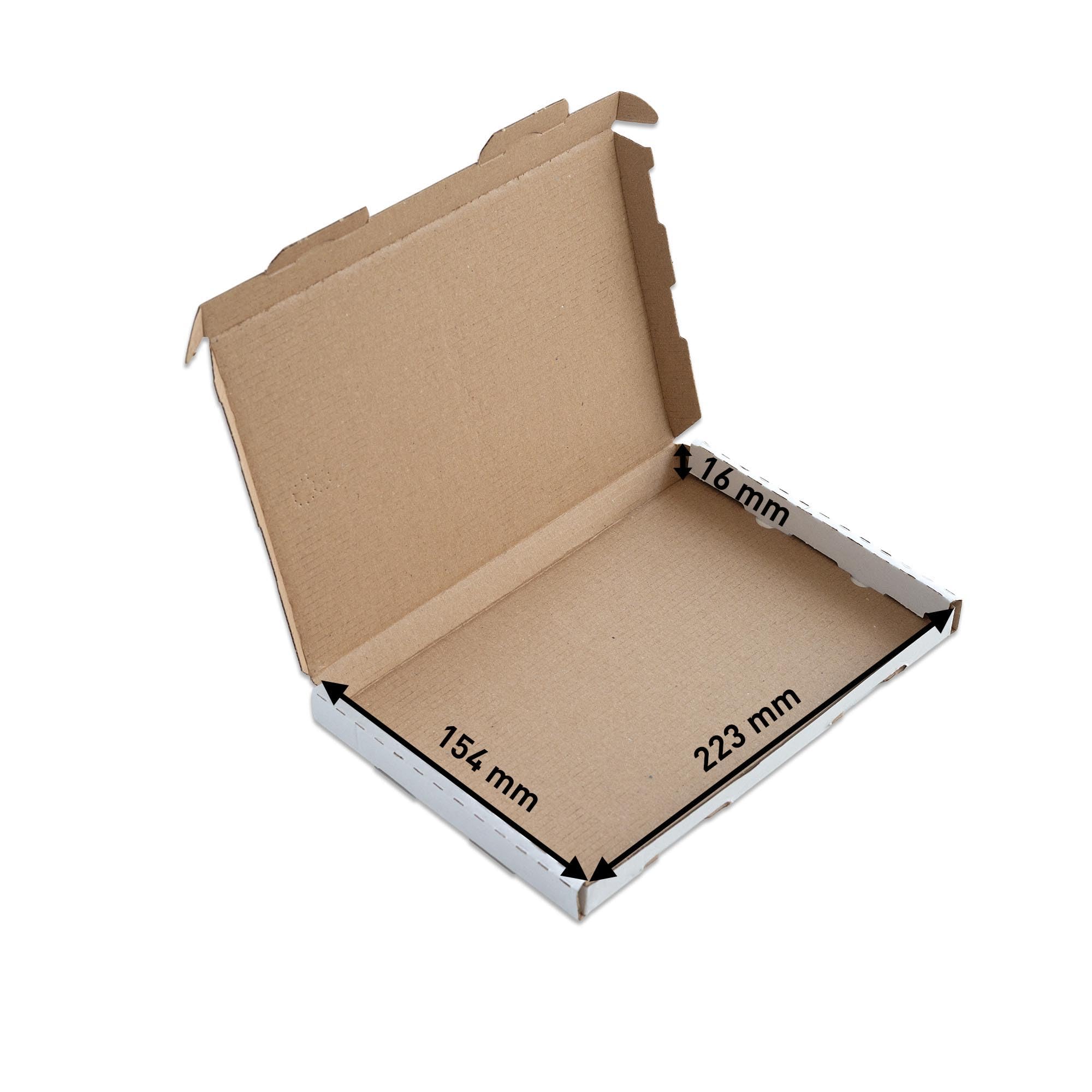 Großbriefkarton 230 x 160 x 20 mm, weiß, einwelliger Faltkarton, DIN A5, FEFCO 0427, Versandkarton mit Steckverschluss (200)