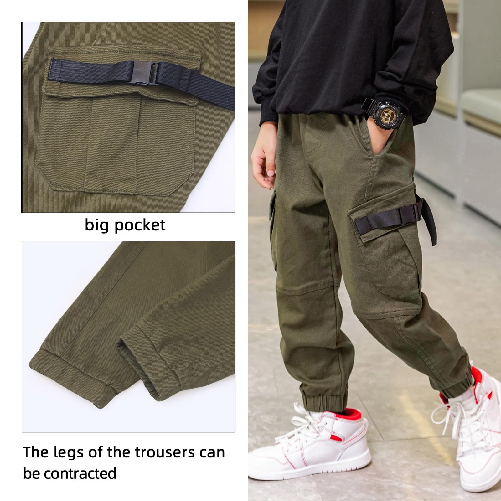 MEILONGER Pantalones Cargo de algodón para niños Estilo Casual Cintura elástica para Senderismo Uniforme Escolar Pantalones Deportivos Joggers