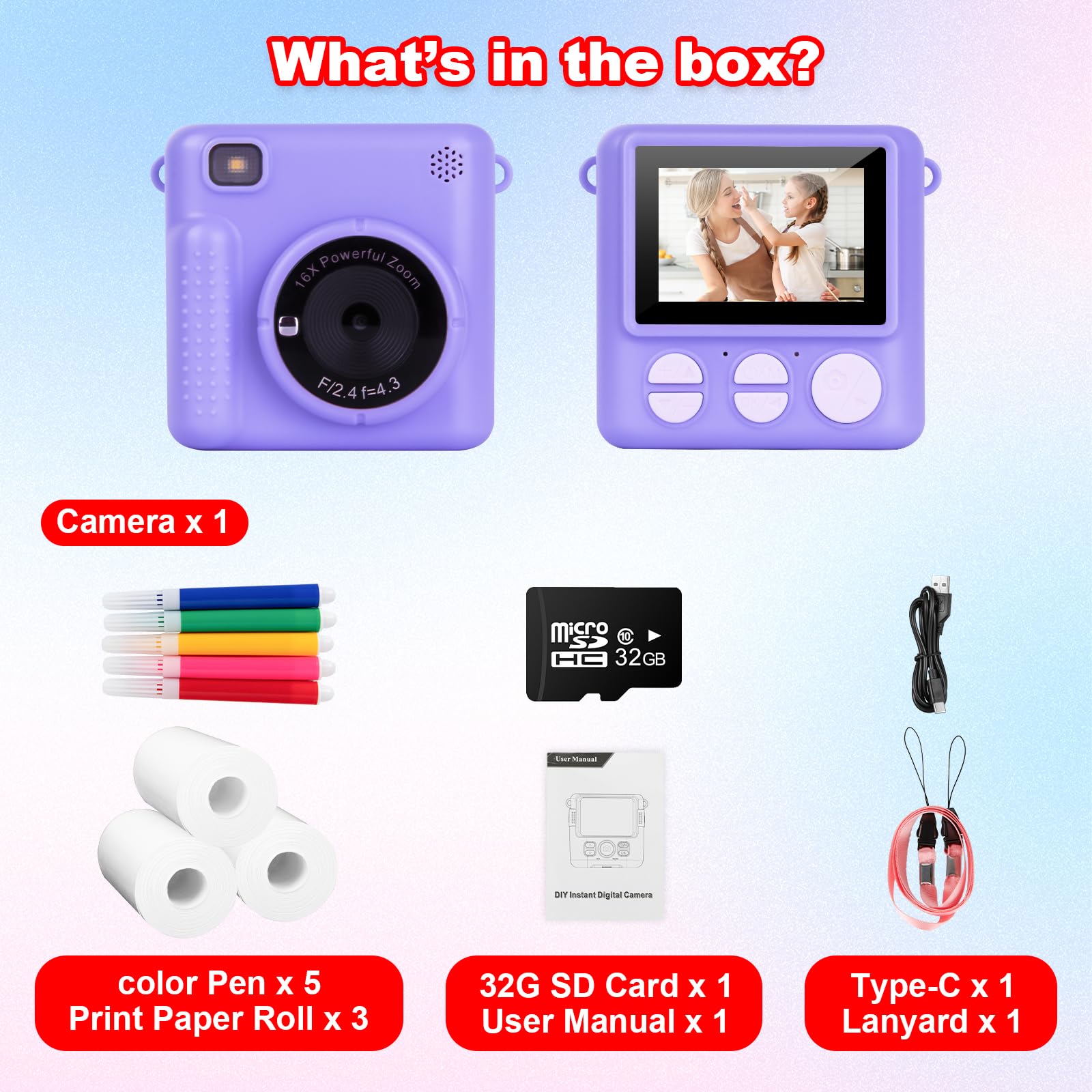 Appareil Photo Instantané Enfant,1080P HD Appareil Photo Numérique pour Enfants avec Carte SD 32 Go et Papier Photo Imprimé, Cadeau pour Filles Garçons 3-14 Ans (Violet)