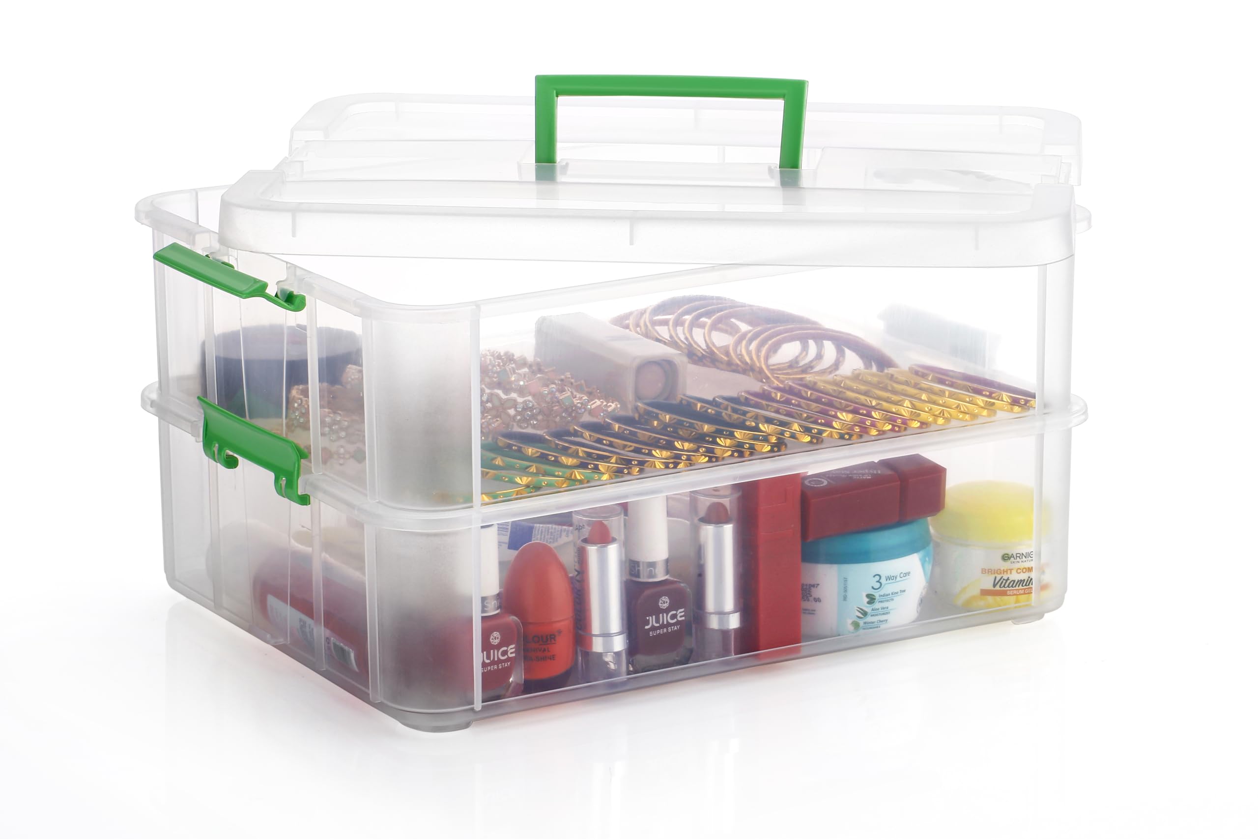 Palak Plastic Storage Box - 2 Tier Transparent Rectangular Multi Utility Detachable, Portable & Stackable Space Saving Organiser With Lid F (2 Tier, Green)