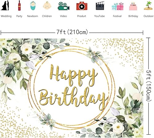 Miniatura 5 de Telón de fondo verde de feliz cumpleaños, suculenta y hojas verdes de eucalipto doradas, fondo de fotografía de selva, niños, niñas, mujeres, baby