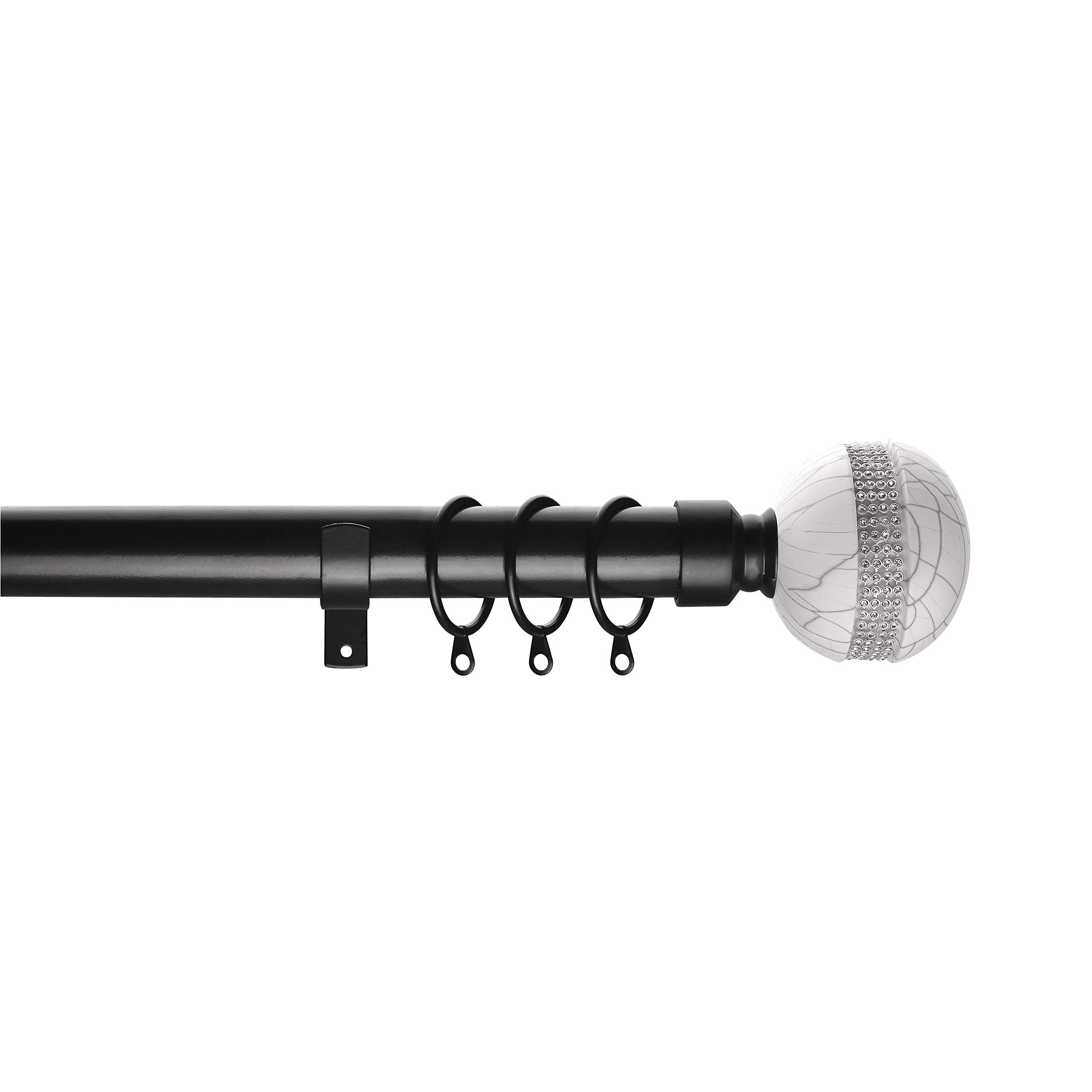 Home Harmony® Marble Diamante Finial Telescopic Extendable Curtain Pole set In Black or Silver and Matching Holdbacks Available (Black, 120-210 cm)