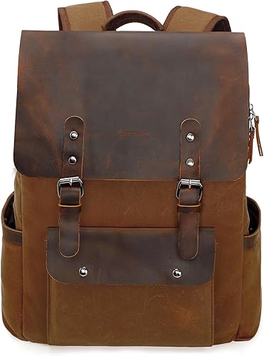 Modoker Mochila de lona encerada, mochila de cuero para hombres y mujeres, mochila vintage de viaje para laptop de 15.6 pulgadas, mochila retro con