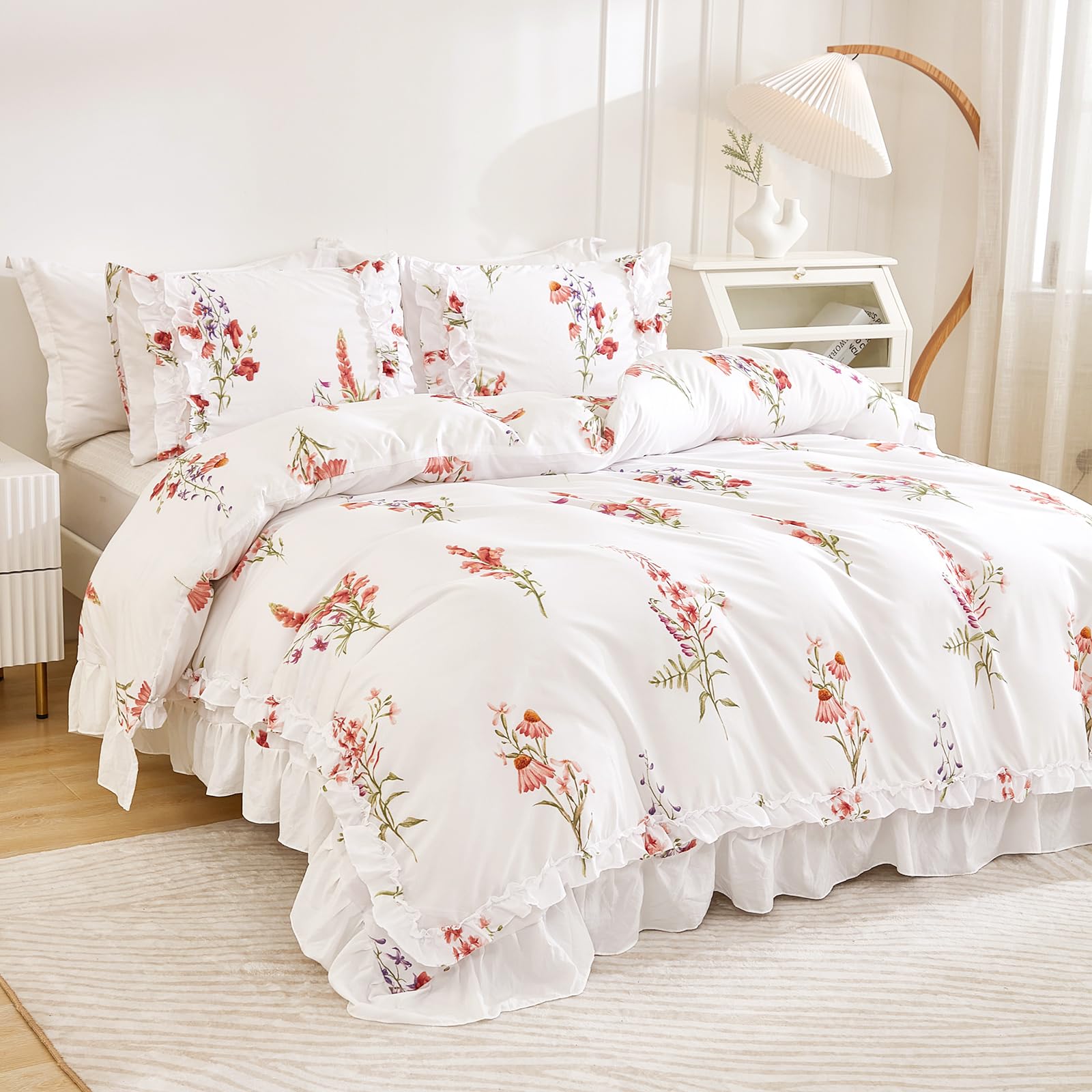 Amazon.com: Herside Pink Floral Comforter Set Queen Size Vintage Ruffle ...
