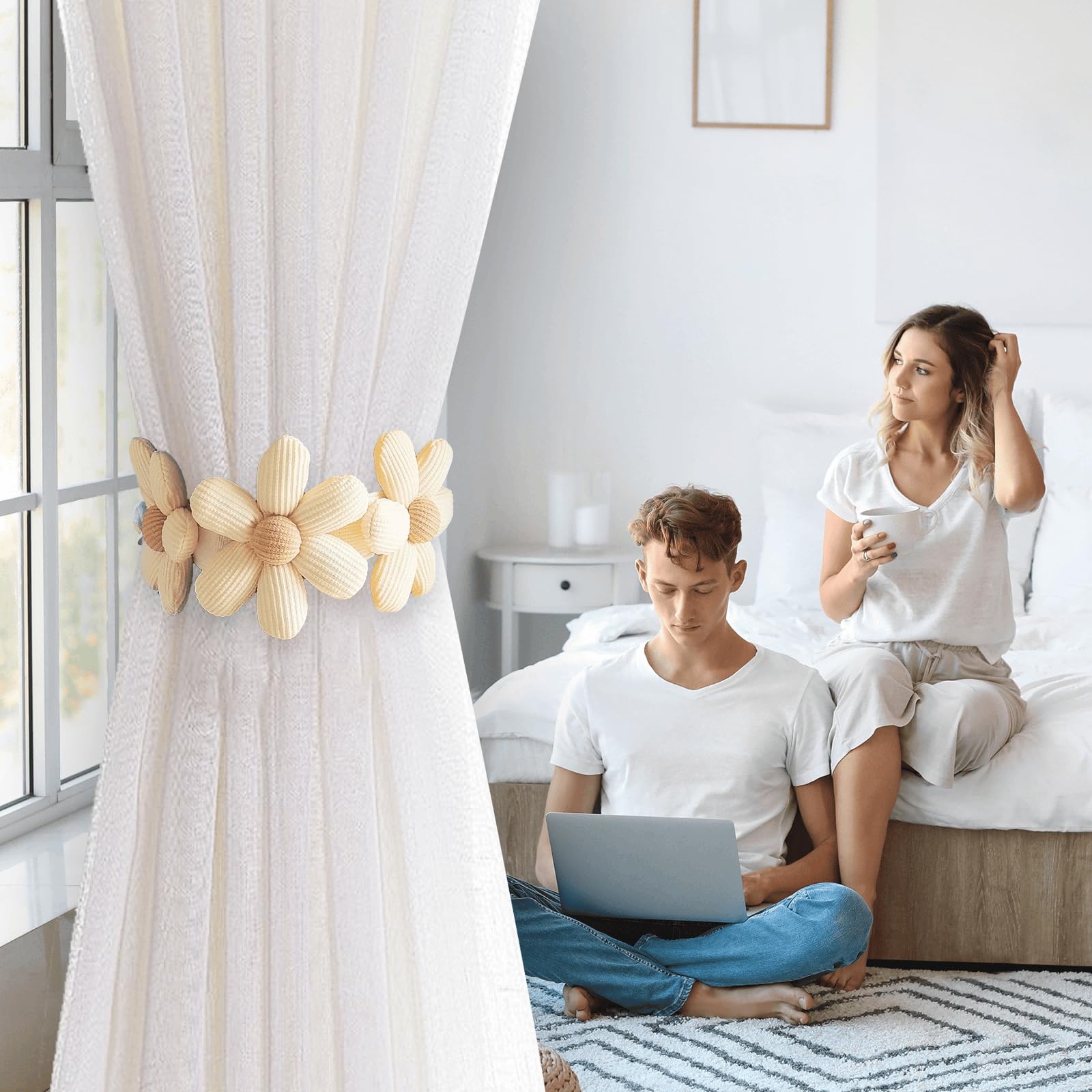 Zakrafo 2 Pcs Flower Curtain Tiebacks Simplicity Curtain Ties with Buttons,Decorative Curtain Tie Backs for Curtains Bedroom Window (Beige)