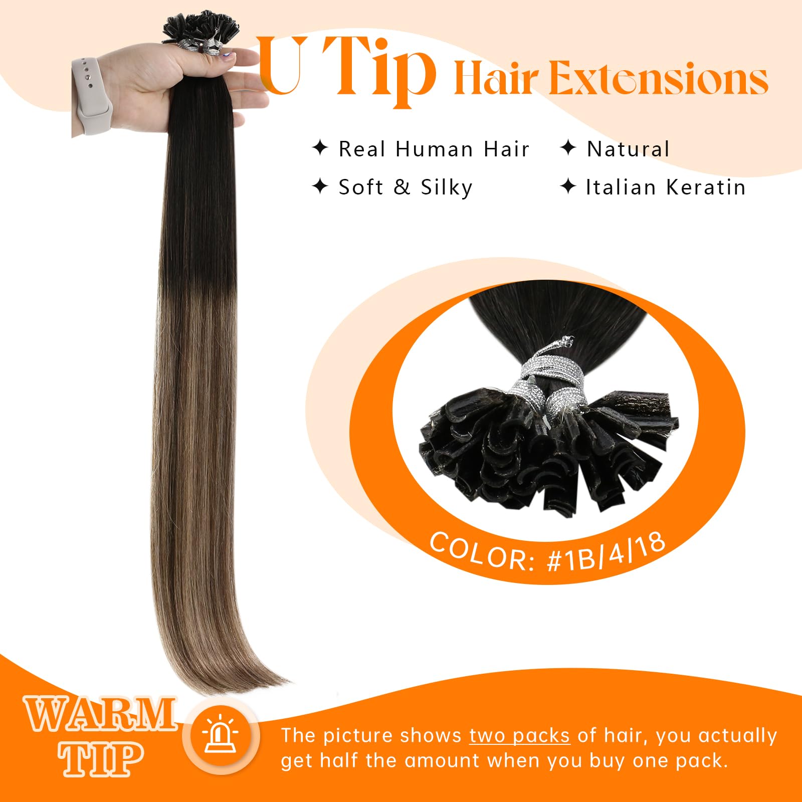 Sunny U/Nail Tip Przedłużanie Włosów Keratyna Natural Black #1B do Ciemnego Brązu #4 z Blond Ciemny Popiół #18 Przedłużanie Keratyna Włosy 18Cal/45cm 50g