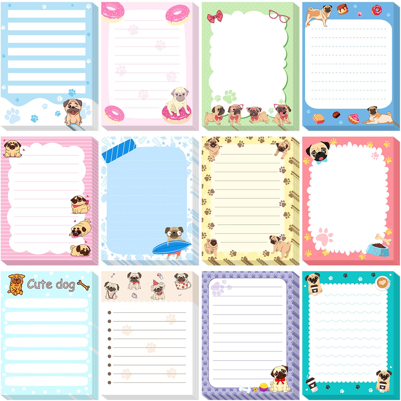 Chiisong 12 Pieces Pug Puppies Sticky to Do List Dog Sticky Notes Puppy Lover Gifts 3 x 4 Inch Adhesive Notepad for Memo Reminder Journal Studying