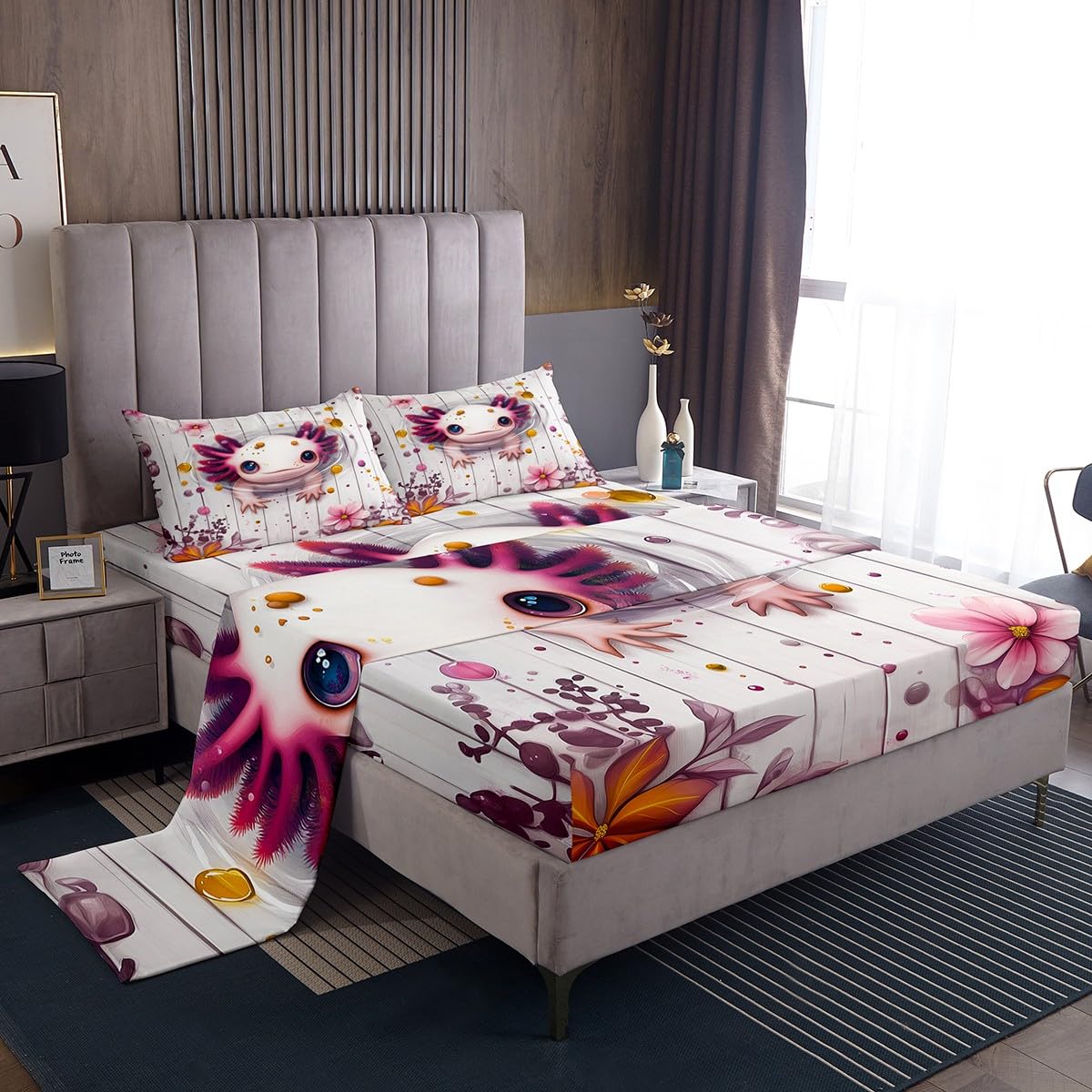Homewish Juego de sábanas para cama doble, diseño de animales marinos de ajolote, salamandra azul del océano, juego de ropa de cama con estampado de flores y animales salvajes, decoración de