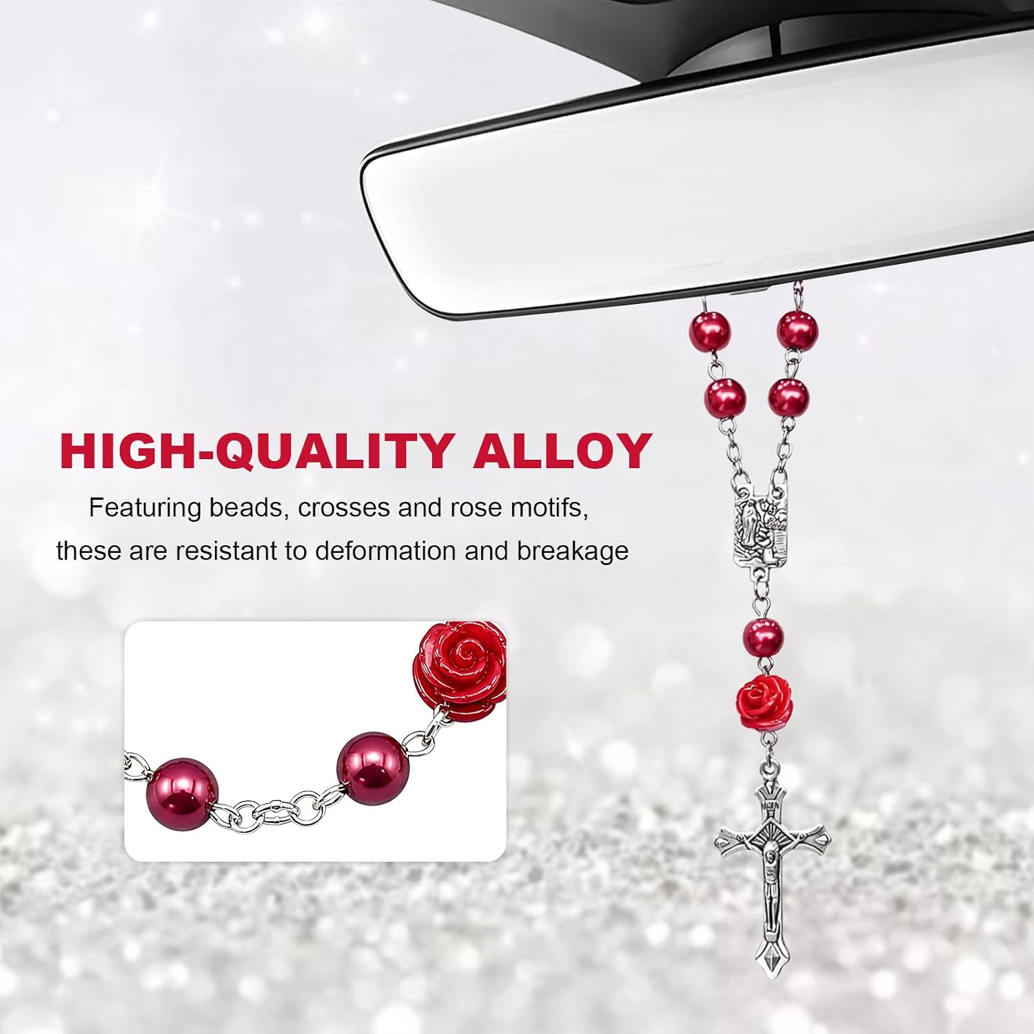2 PCS Car Rose Rosary for Rearview Mirror, Rosary Pearl Cross Rear View Mirror Hanging Ornament, Personalized Rose Cross Blessing Charm Religious Pendant for Most Vehicles (Red) image 3