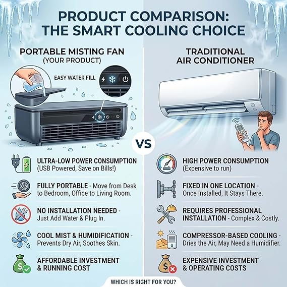 Small Portable Air Conditioner Fan, Wall Mount Air Conditioner No Drilling Ductless Mini Split AC Alternative, 6000mAh Battery Ice Mist Cooler for RV Garage Bedroom Indoor(Black)