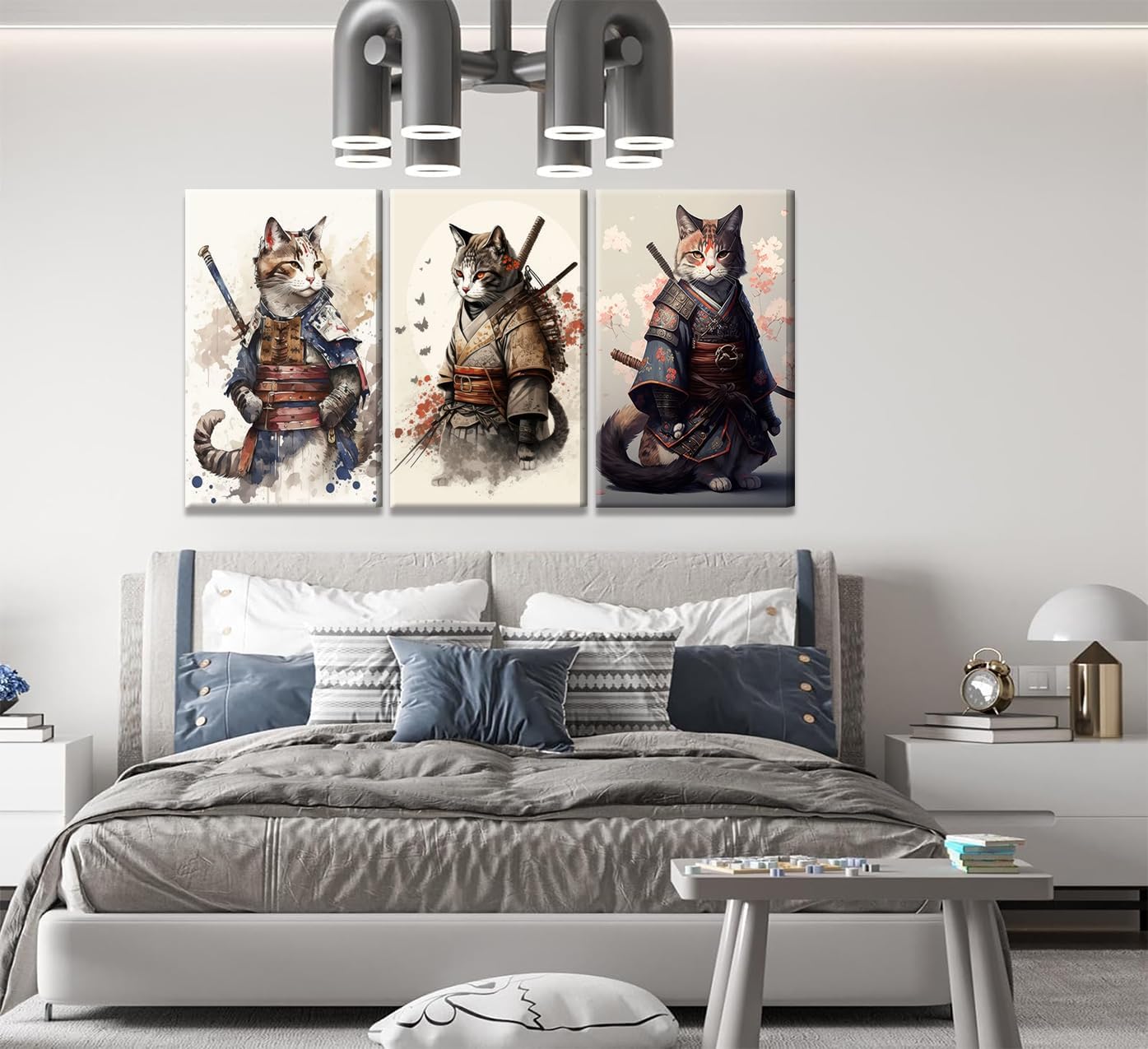 3Pcs Framed Japanese Samurai Cats Wall Art Vintage Cool Cat Posters Prints Funny Animal Cat Pictures Paintings for Living Room Wall Decor Print Bedroom Home Artwork