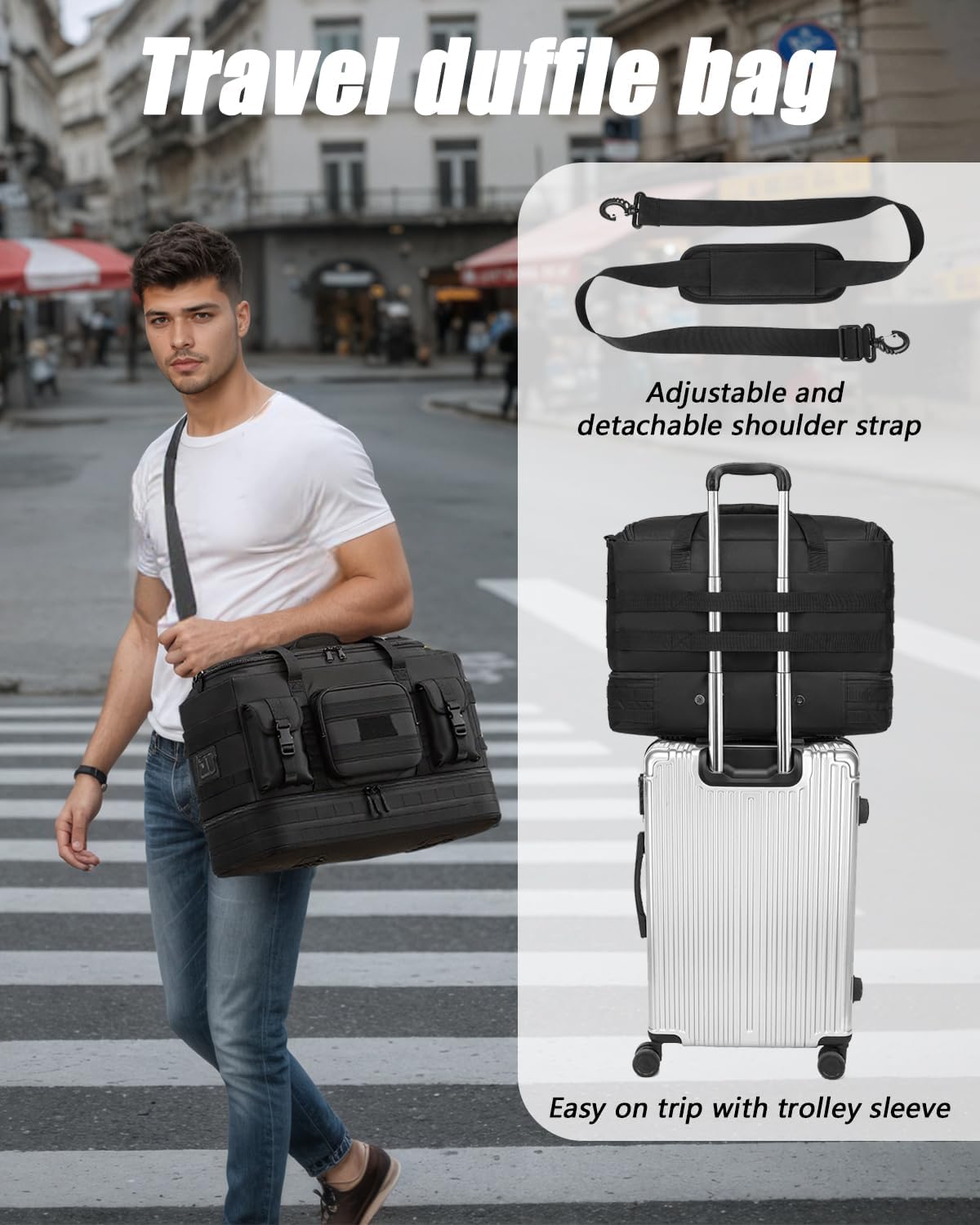 Gym Bag for Men Women, Large Tactical Duffle Bag for Travel, with Shoe Compartment and Toiletry Bag, Weekender Overnight Trip with Wet Pocket for Workout Medical, Black