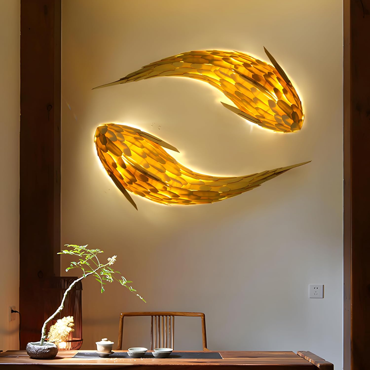 Bofea-Creative Design Fish Lamp,Decorative LED Wall Sconce Or Art Deco Ceiling Light Fixture,Restaurant Wood Ceiling Light Made Fish Wall Sconces for Hallway Kitchen Living Room Entryway（23.6"）