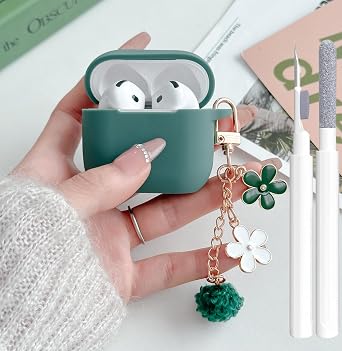 Cute Pine Green Case for Airpods 4 Cover for Girl Women with Pom pom Flower Keychain & Cleaner Kit, Soft Silicone Airpods iPod 4th Gen Protective Cover Skin for Airpod 4 2024