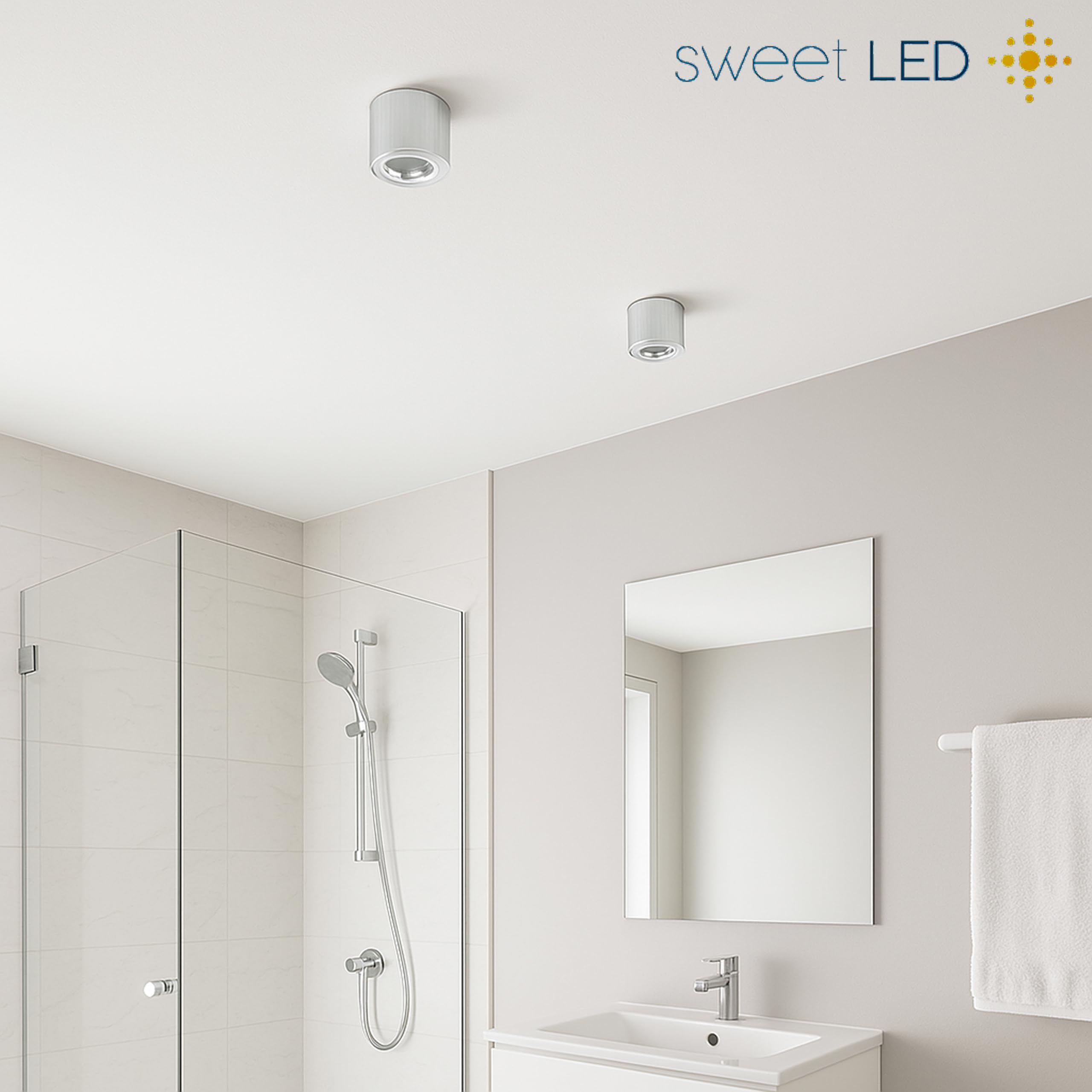 Sweet Led - Aufbauspots IP44 Bad flach, Alu-gebürstet Deckenspots Ø80mm 65mm, Deckenstrahler silber-Farben Badezimmer Küche, 230V Aufbaustrahler passend LED-Modul, rund 4er Set, ohne Leuchtmittel
