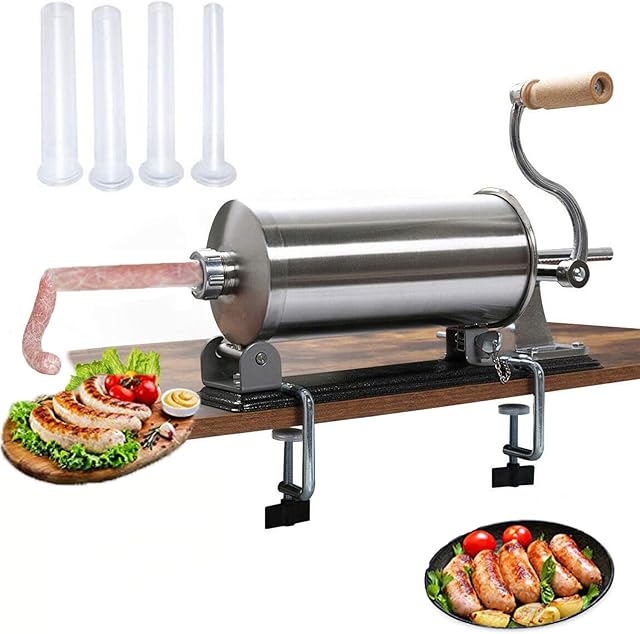 ybaymy Sausage Stuffer 6LBS/3L Sausage Maker Machine Homemade Stainless Steel Horizontal Meat Stuffing Fillers Manual Sausage Filler with 4 Filling Tubes for Kitchen Home Commercial Use