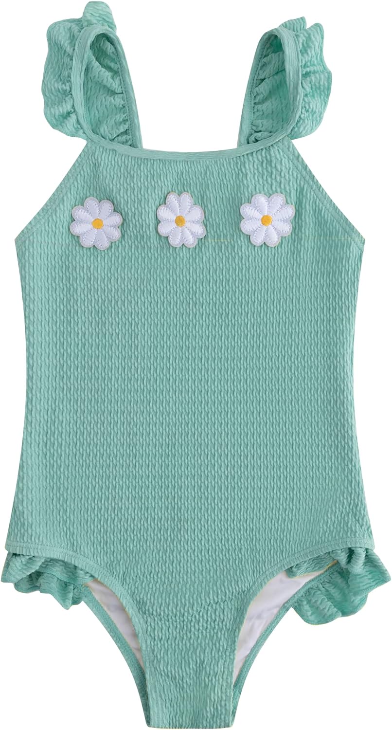 LIZENS One Piece Swimsuit for Girls, Pink Beach Swimwear with Floral Embroidered Ruffled, Bathing Suit for Kids 2-12