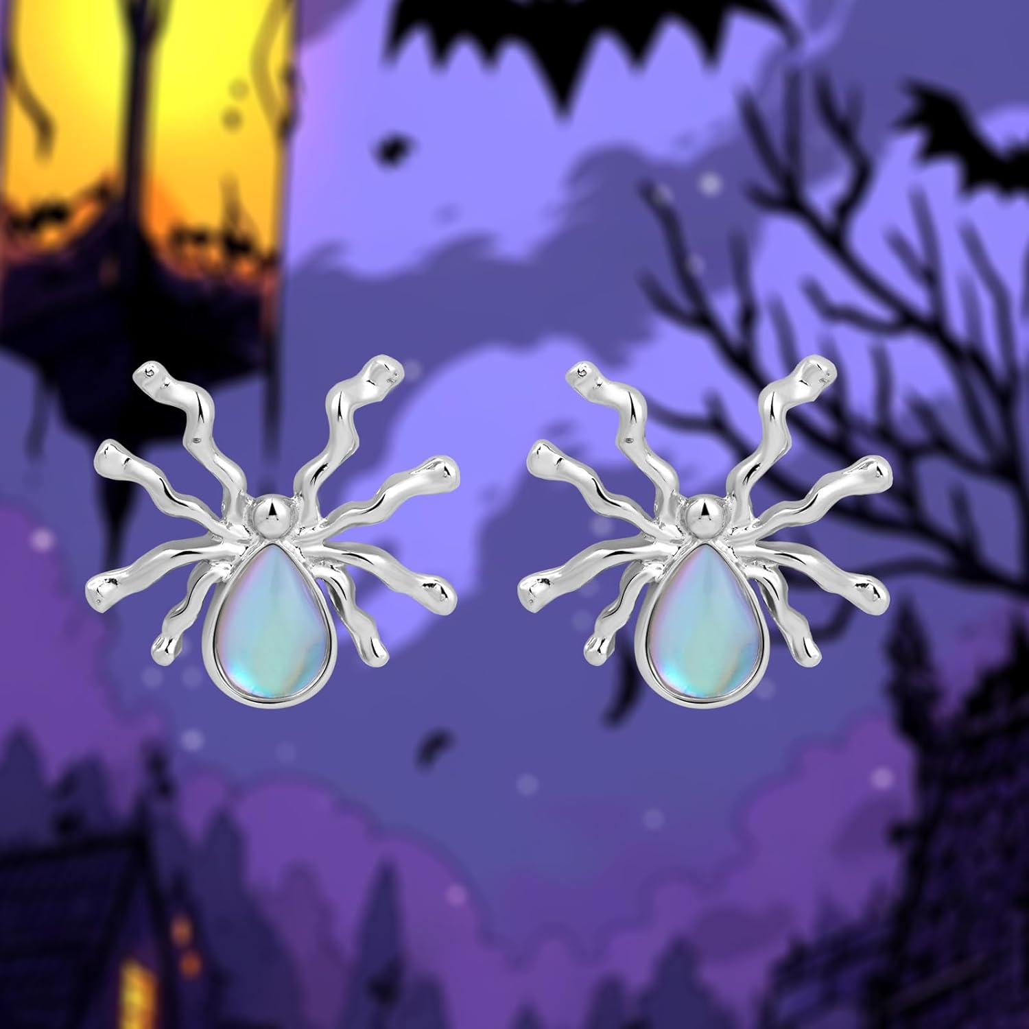 Big Silver Spider Stud Earrings with Teardrop Shaped Moonstone Studs Gothic Gemstone Earrings for Moonstone Jewelry - Image 7