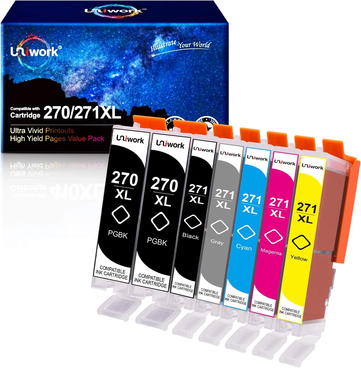Uniwork Compatible Ink Cartridge Replacement for Canon 270XL 271XL PGI-270XL CLI-271XL use for Pixma MG7720 TS9020 TS8020 Printer (2 PGBK 1 Black 1 Gray 1 Cyan 1 Magenta 1 Yellow), 7 Pack