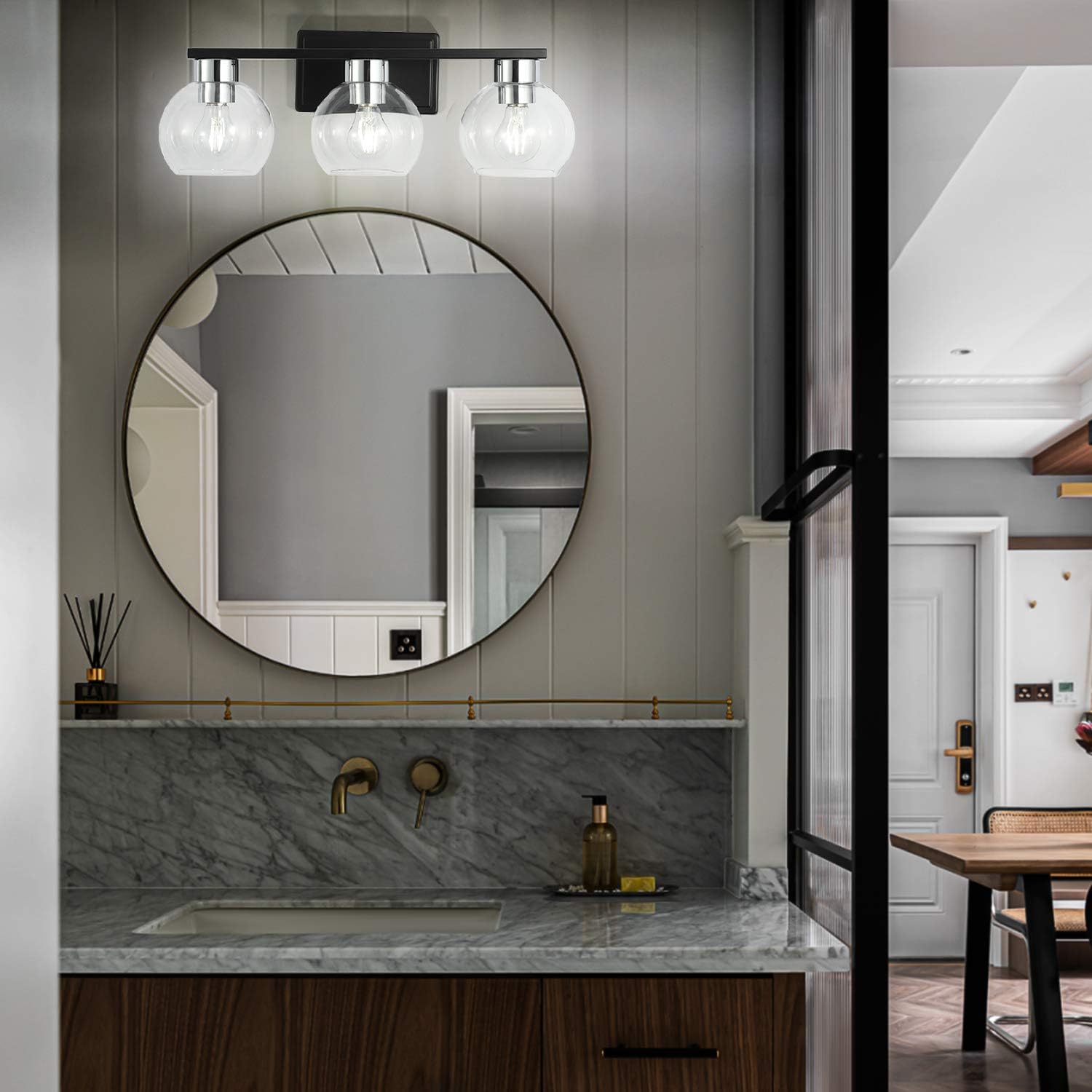 Bathroom Vanity Light, HOPSON 22in 3-Light Black Vanity Lighting Fixture E26 Glass Wall Scone Lighting for Mirror Cabinet, Dressing Table - - 